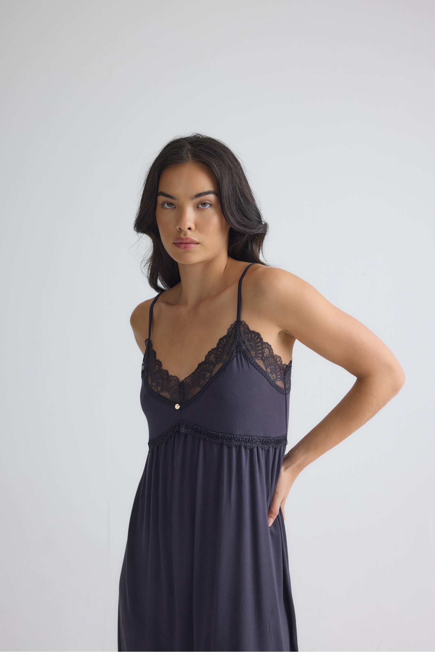 Bamboo Lace Chemise Nightdress in Raven