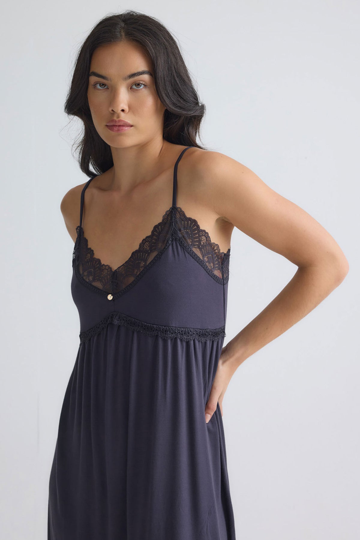 Bamboo Lace Chemise Nightdress in Raven