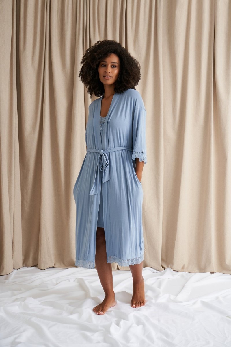 Layered Mist Robe Bamboo Lace Kimono Robe in Blue Mist | Women's Robes & Nightwear ...