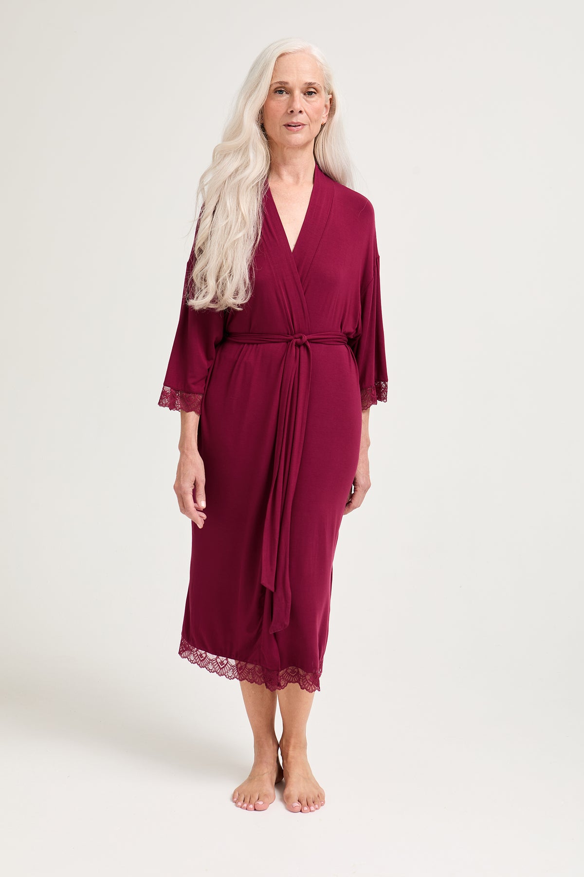 Bamboo Lace Kimono Robe Bordeaux