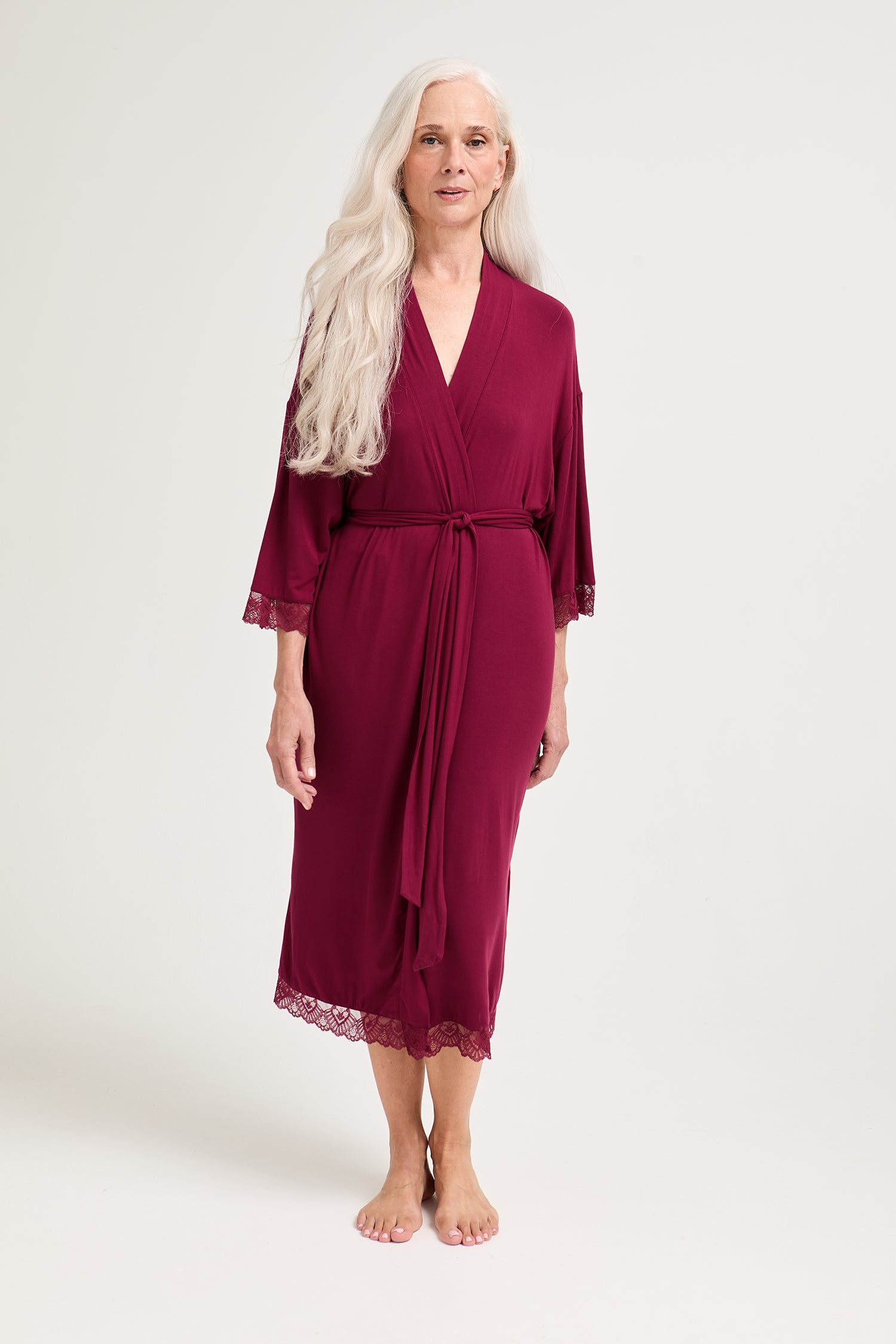 Bamboo Lace Kimono Robe Bordeaux