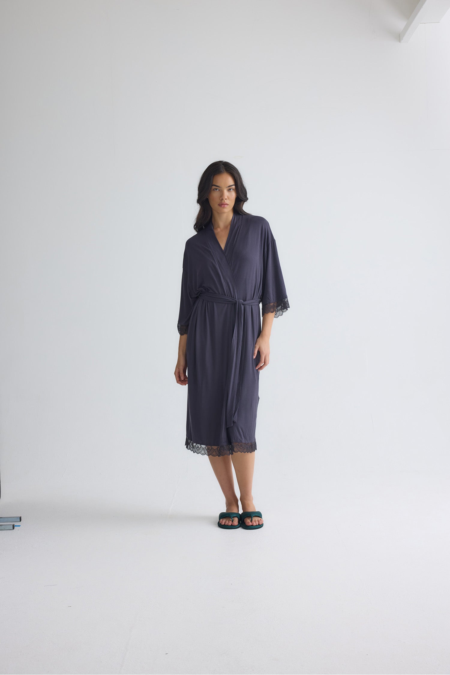 Bamboo Lace Kimono Robe in Raven