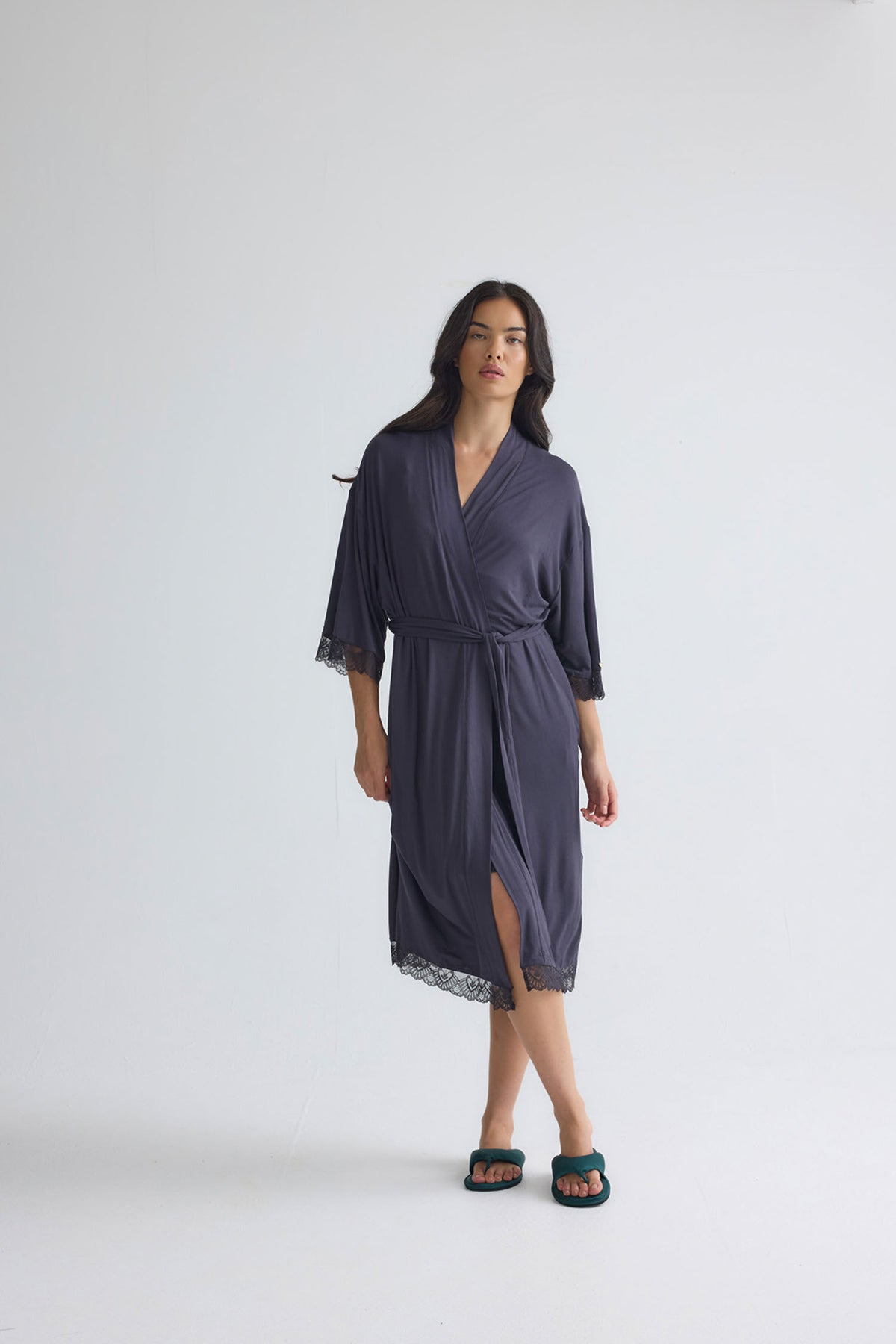 Bamboo Lace Kimono Robe in Raven