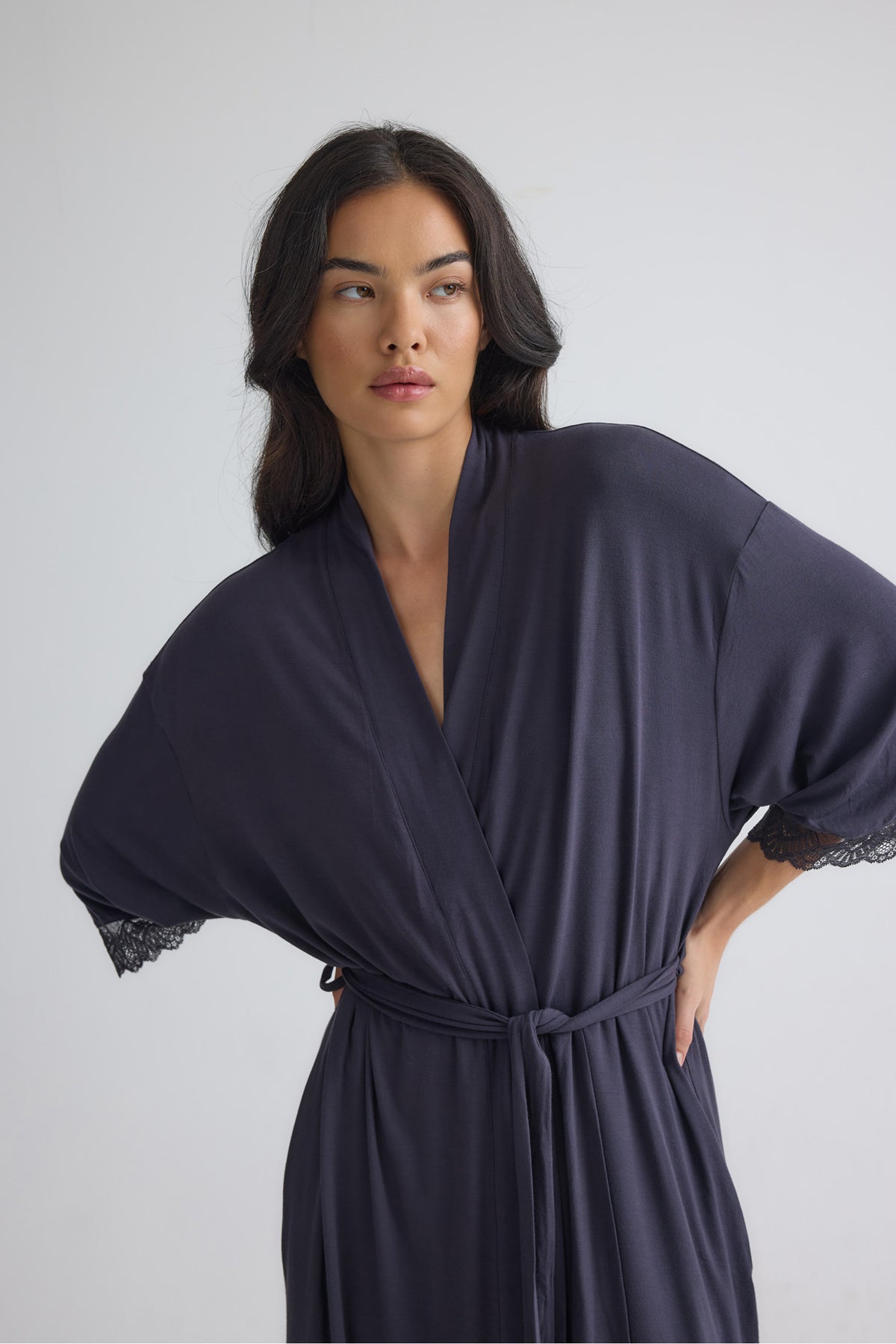 Bamboo Lace Kimono Robe in Raven