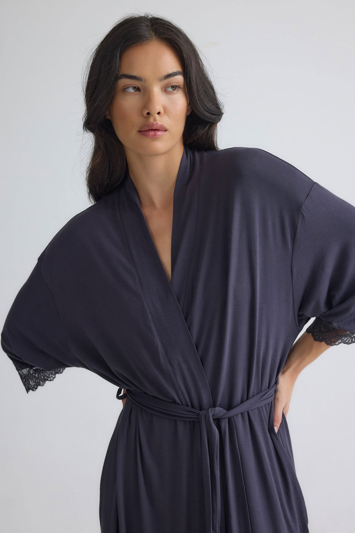 Bamboo Lace Kimono Robe in Raven