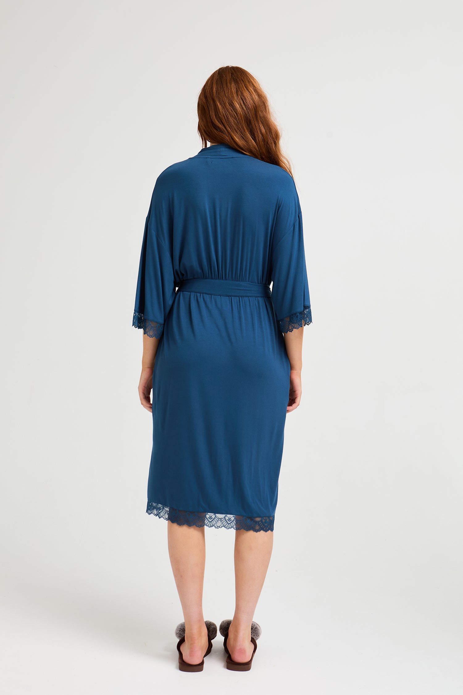 Bamboo Lace Kimono Robe in Teal