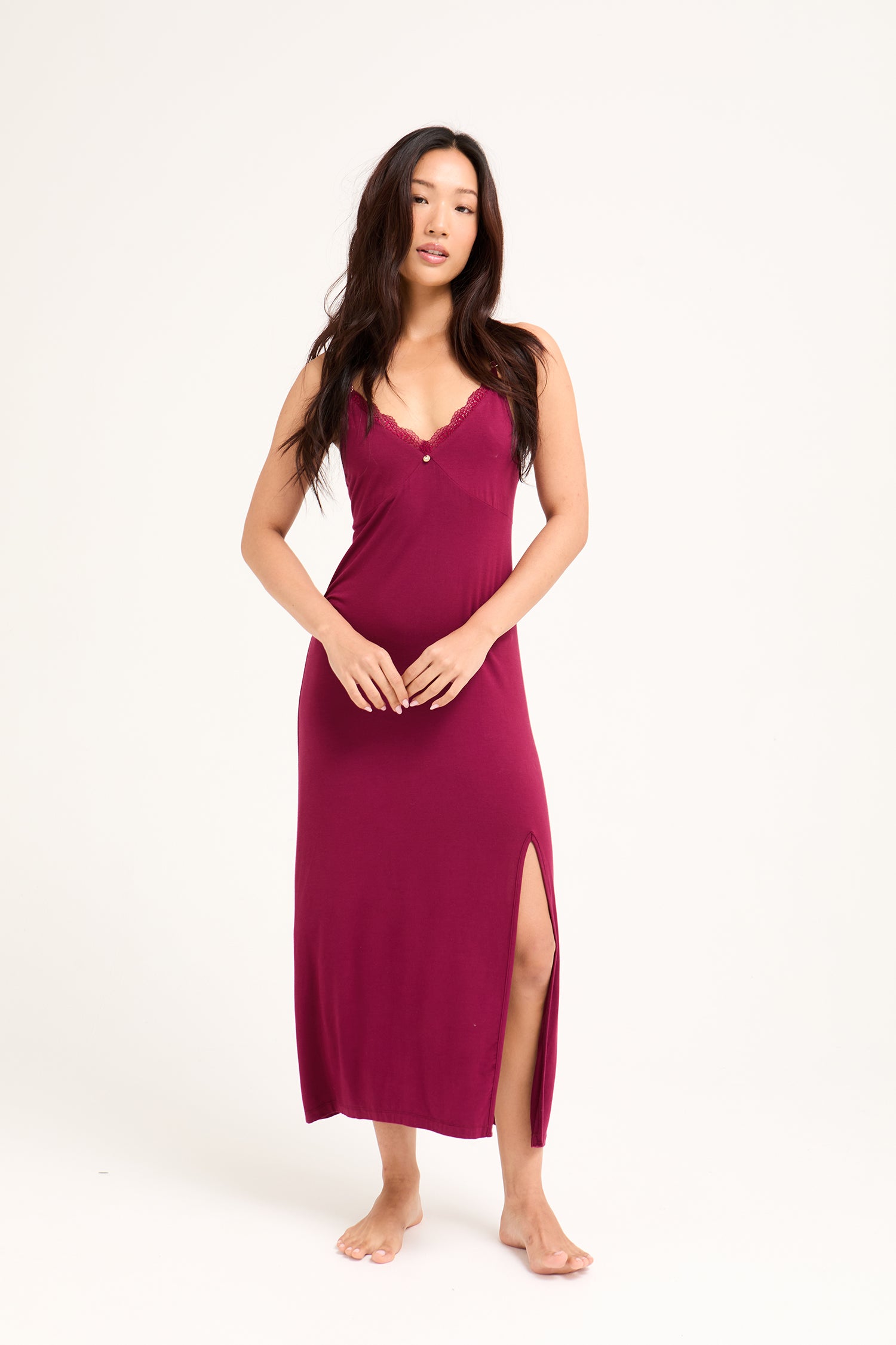 Bamboo Lace Midaxi Chemise in Bordeaux