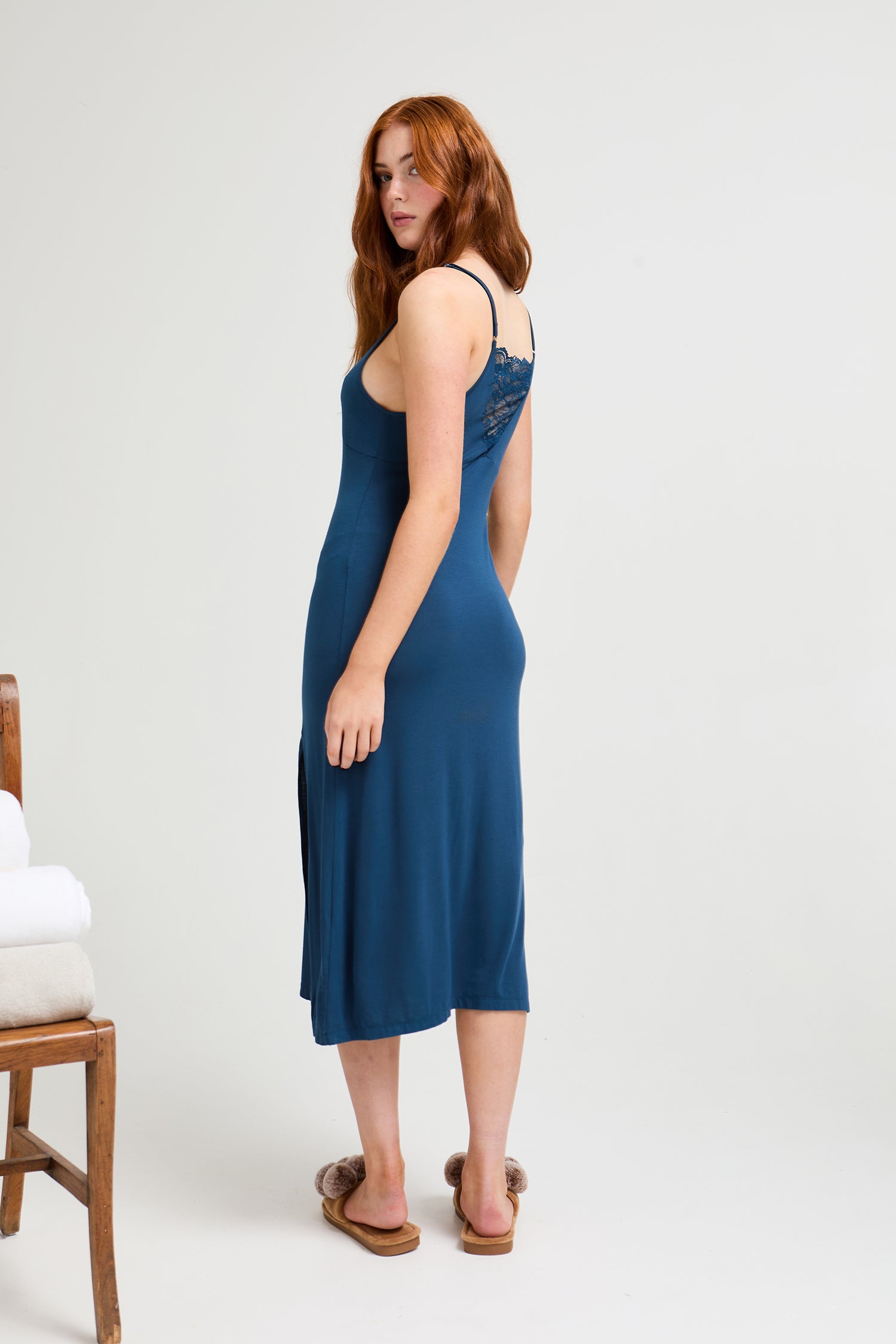 Bamboo Lace Midaxi Chemise in Teal