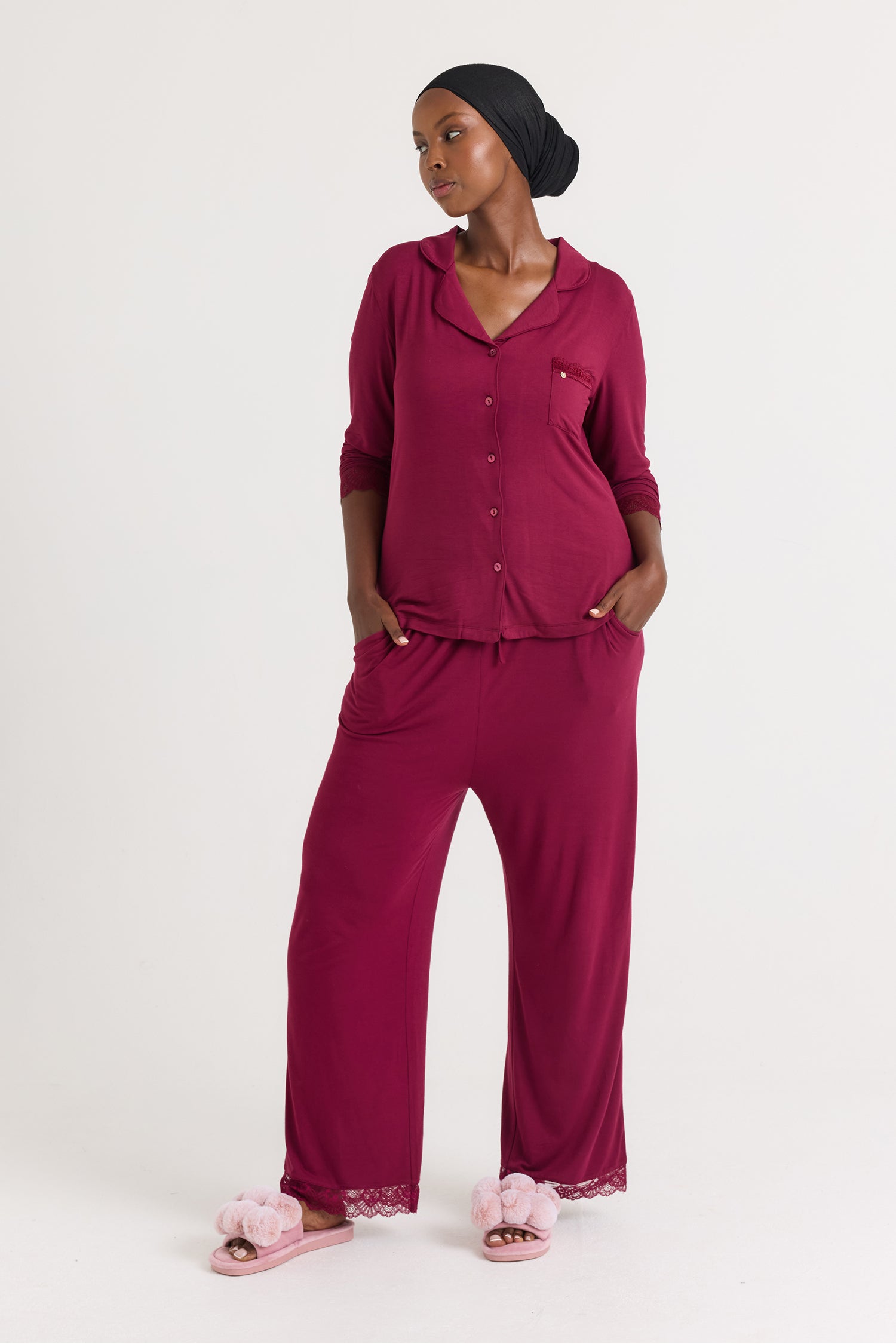 Bamboo Lace Pajama Set in Bordeaux