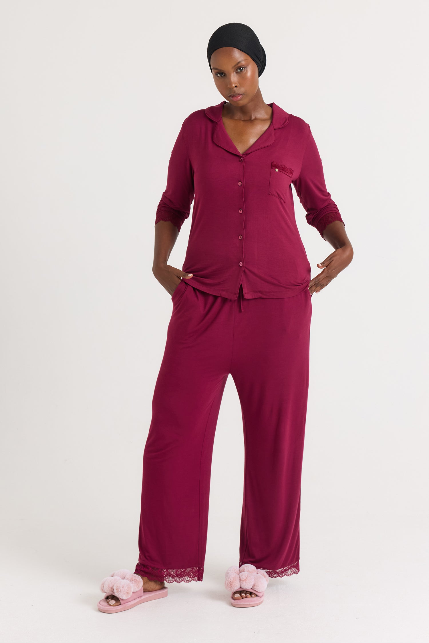 Bamboo Lace Long Pyjama Set in Bordeaux