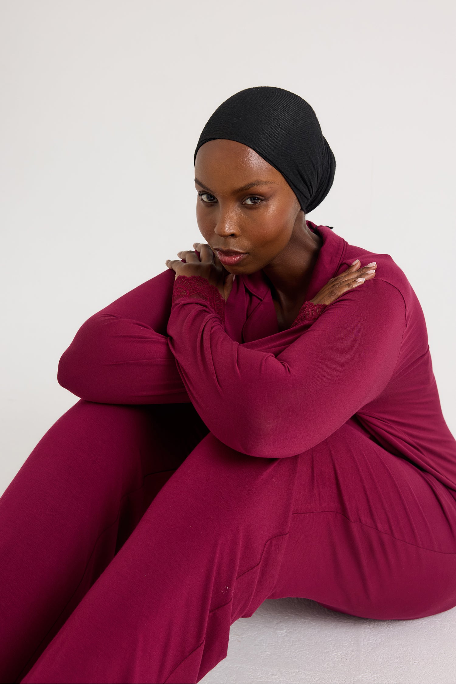 Bamboo Lace Long Pyjama Set in Bordeaux