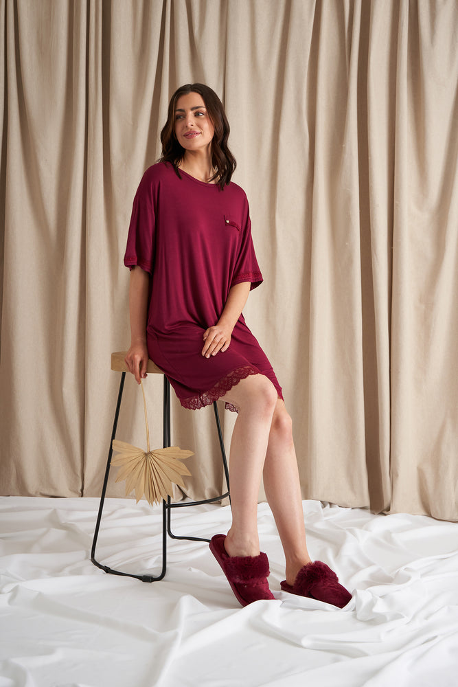 
                  
                    Bamboo Lace Tee Dress in Bordeaux
                  
                