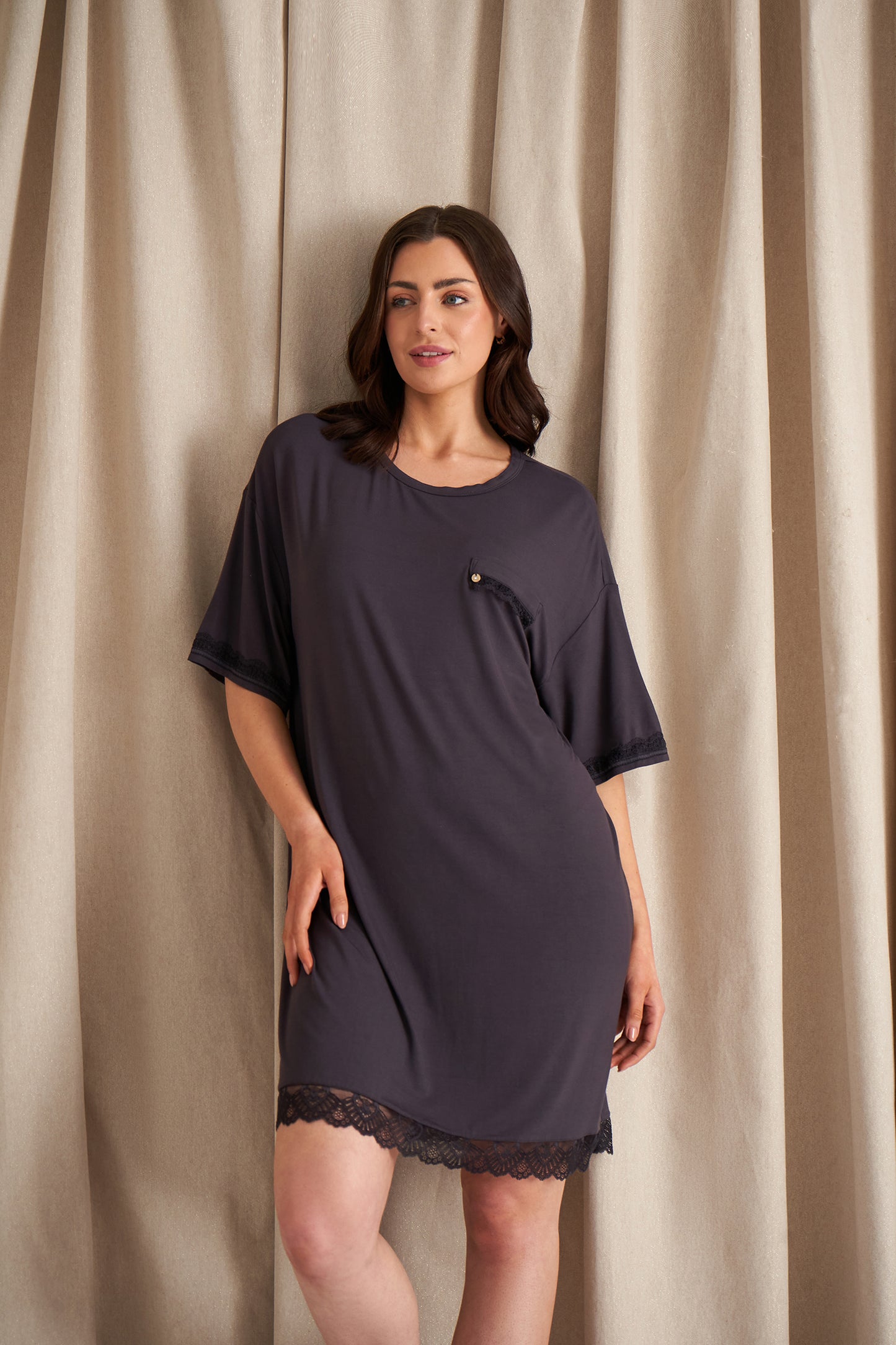 
                  
                    Bamboo Lace Tee Dress in Raven
                  
                