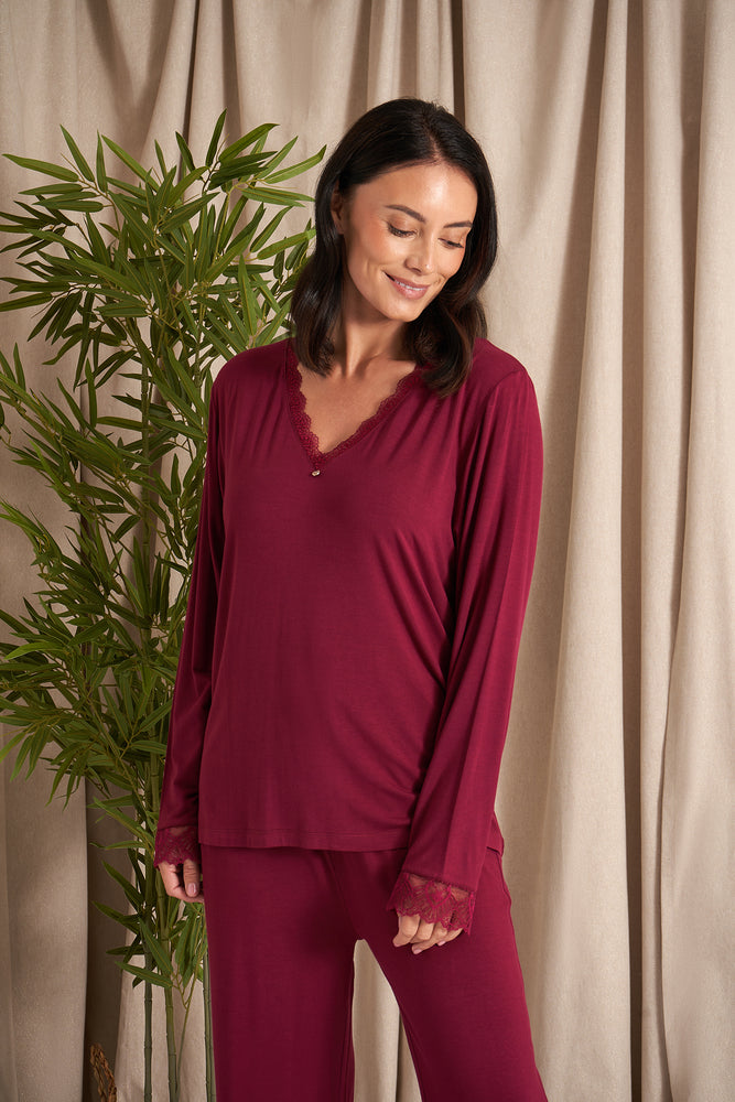 
                  
                    Bamboo Lace V-Neck Pyjama Set in Bordeaux
                  
                