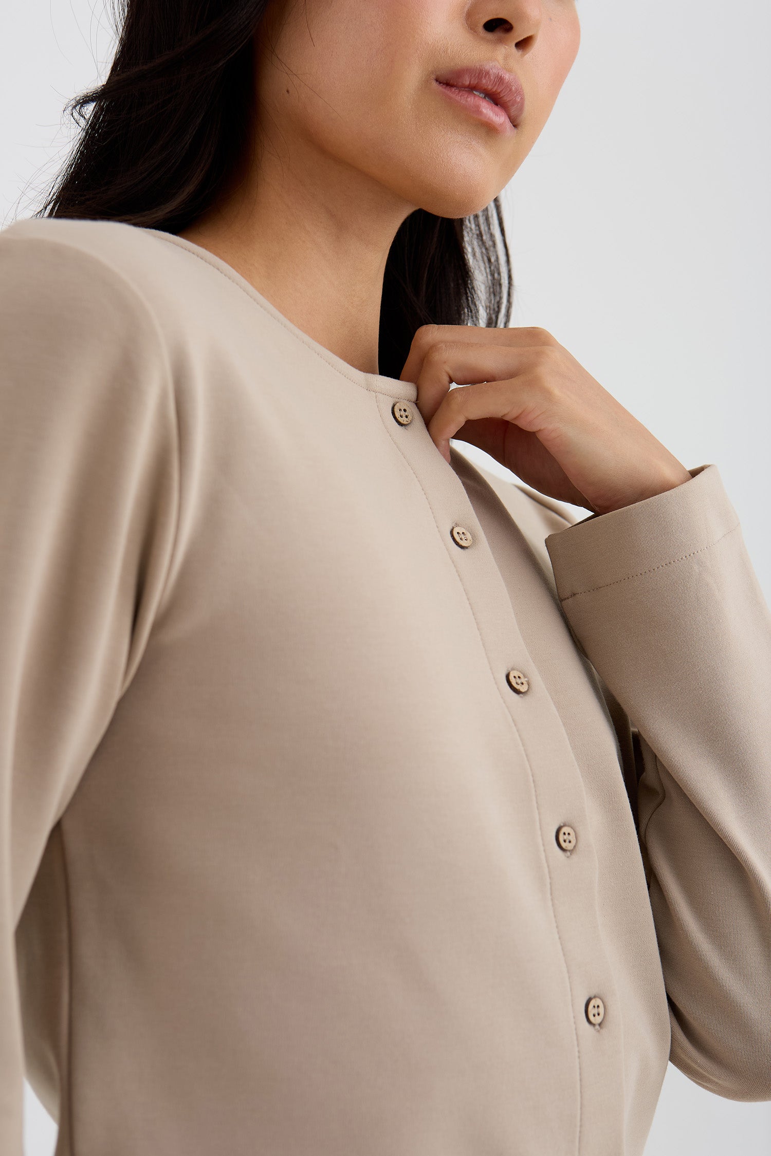 Bamboo Fleece Button Down Top In Silver Mink
