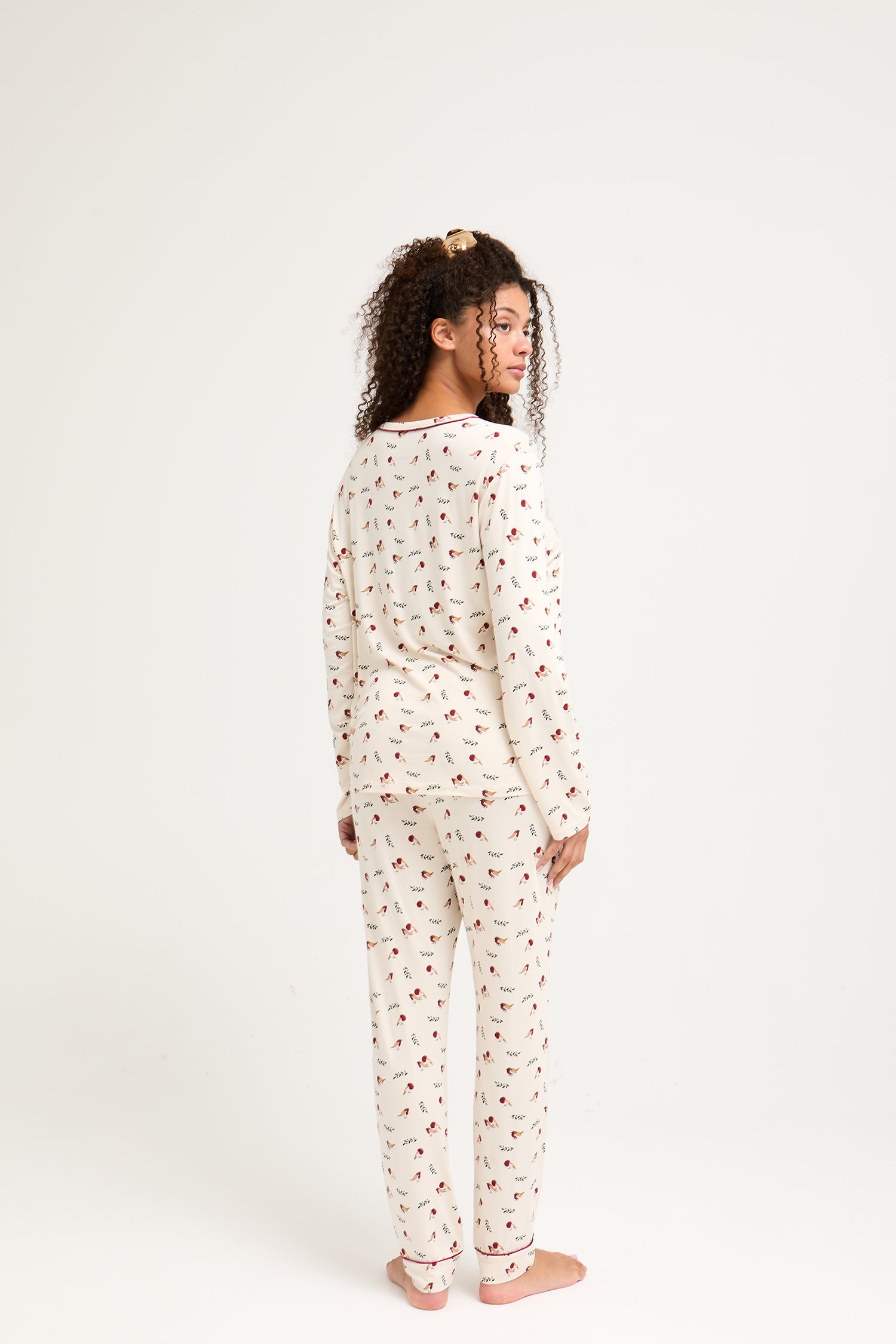 His and Hers Bamboo Festive Pyjama Set in Robin Print