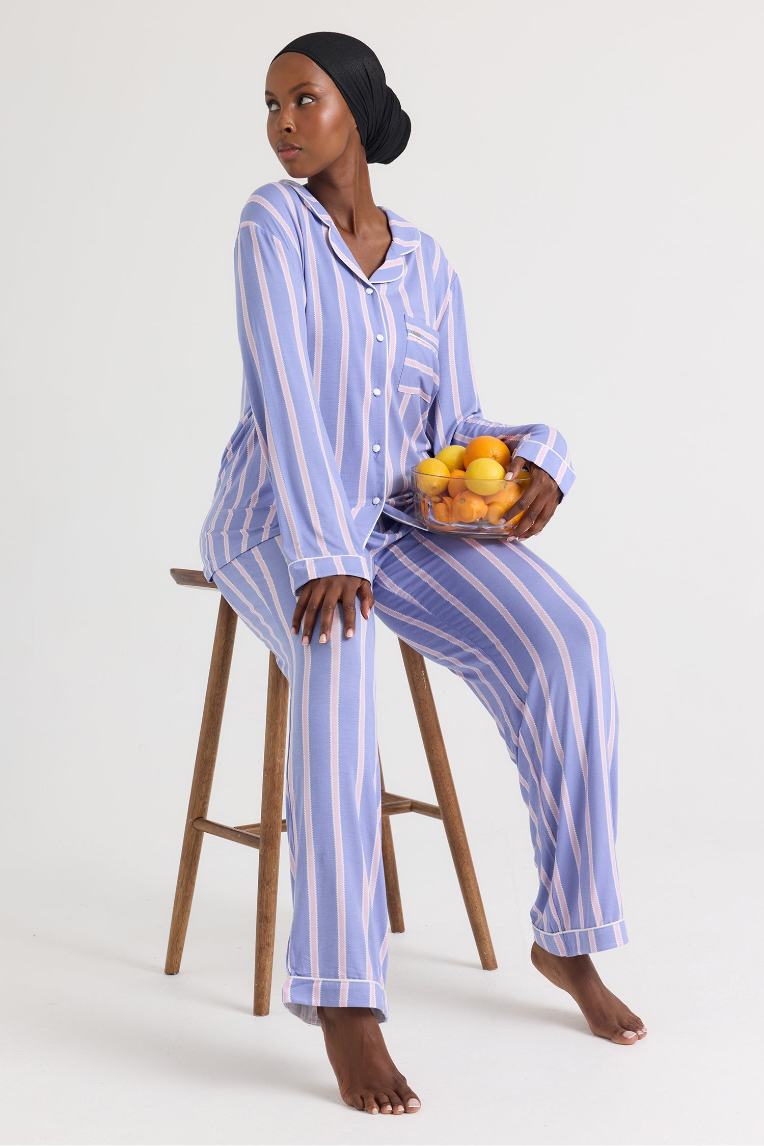 Bamboo Long Pyjama Set in Heather Stripe