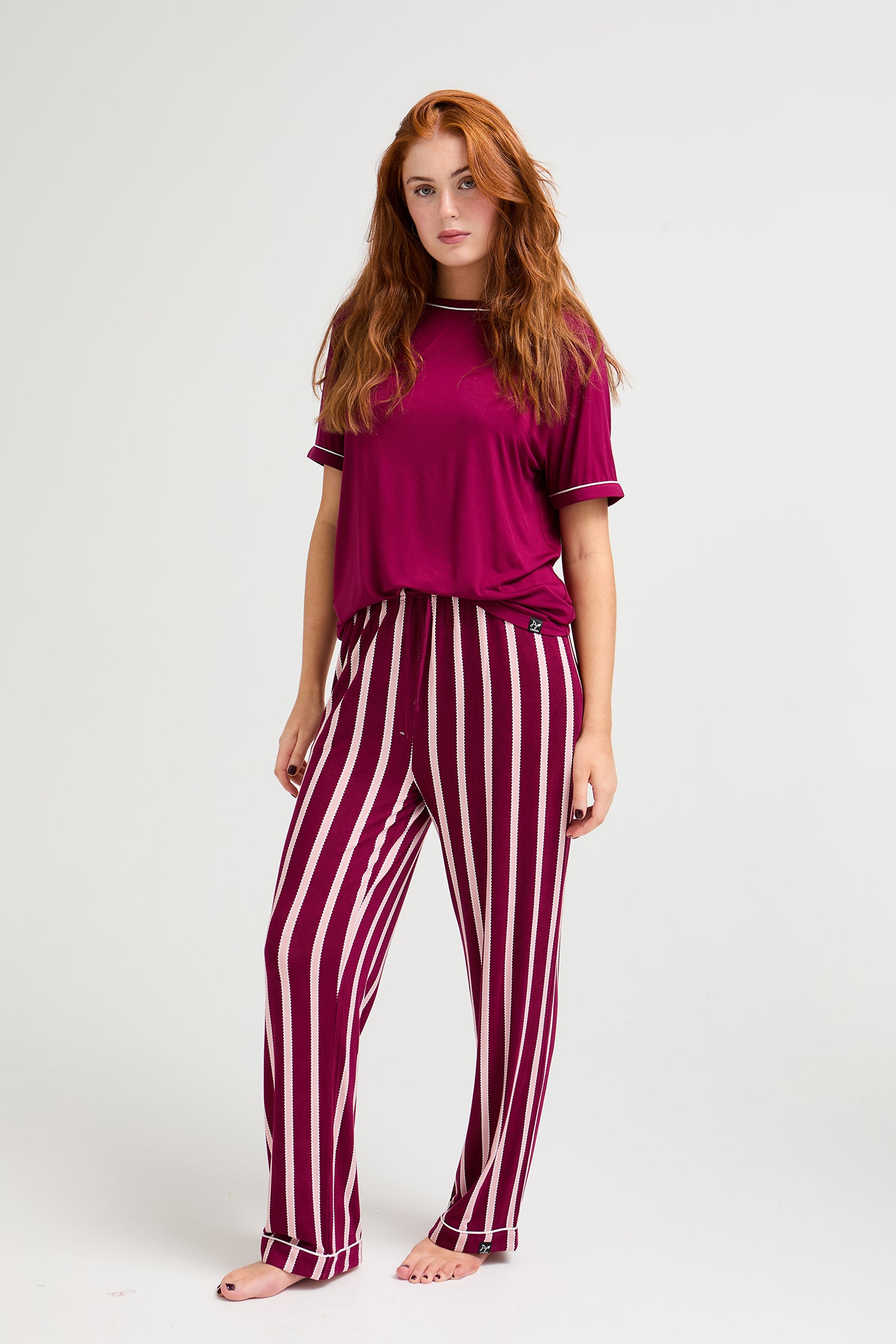Bamboo Tee and Trouser Set in Bordeaux Stripe