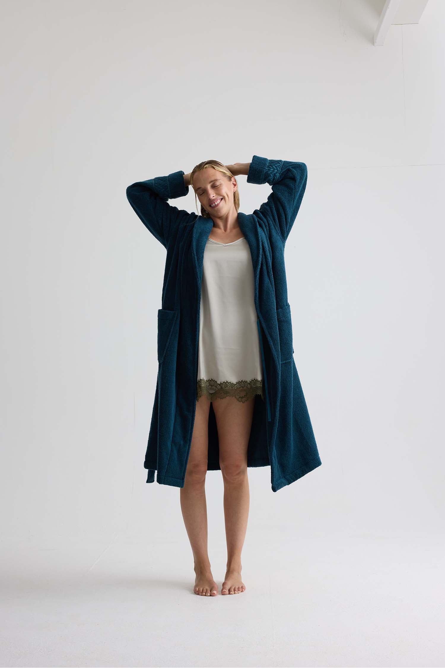 Bamboo Towelling Robe In Teal