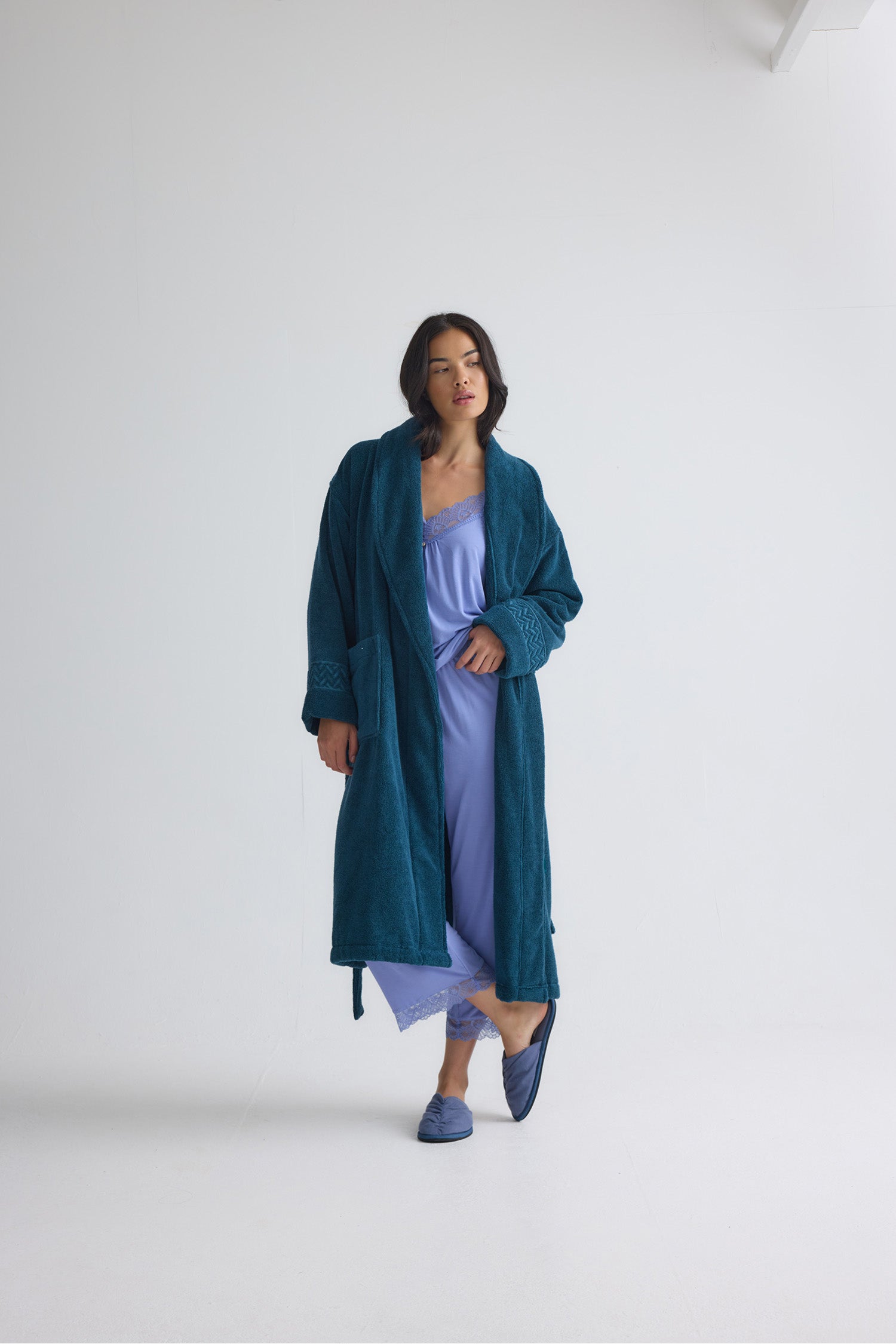 Bamboo Towelling Robe In Teal