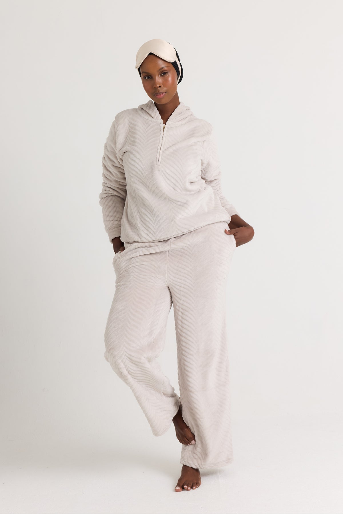 Pretty You London Women's Cosy Chevron Lounge Suit in Light Stone | Size: 8-10