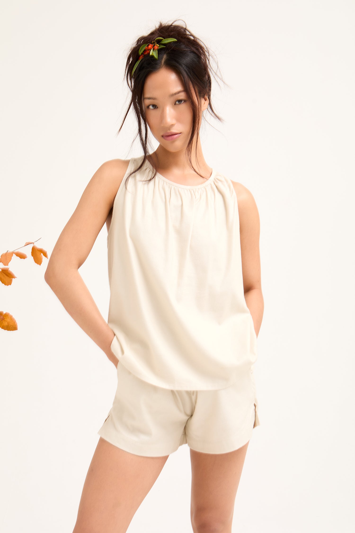 Cotton Modal Vest Short Set in Natural