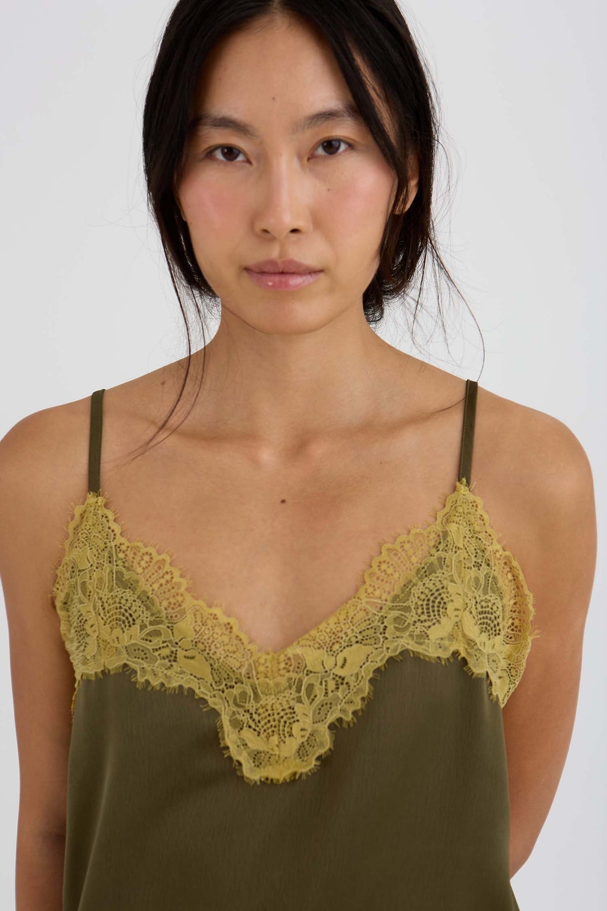Eco Satin Lace Cami In Olive