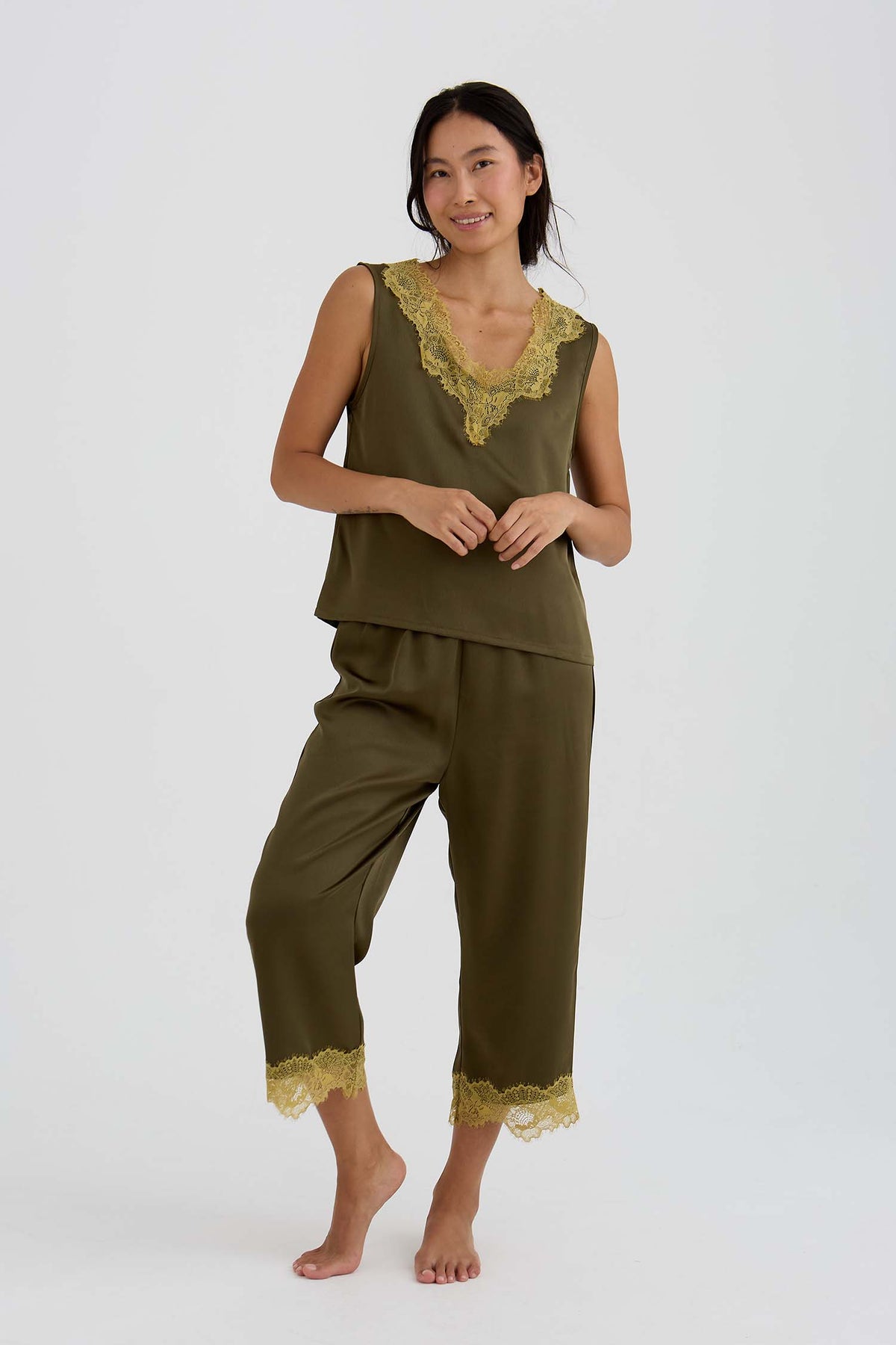 Eco Satin Lace Capri Trousers In Olive