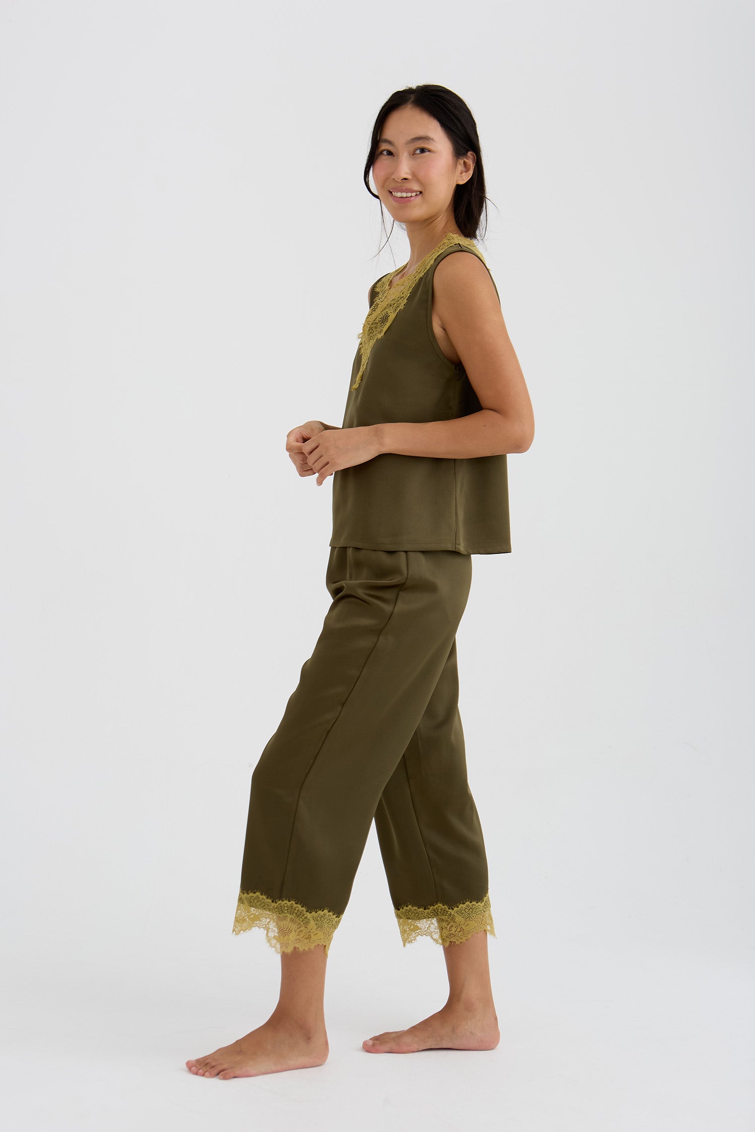 Eco Satin Lace Capri Trousers In Olive