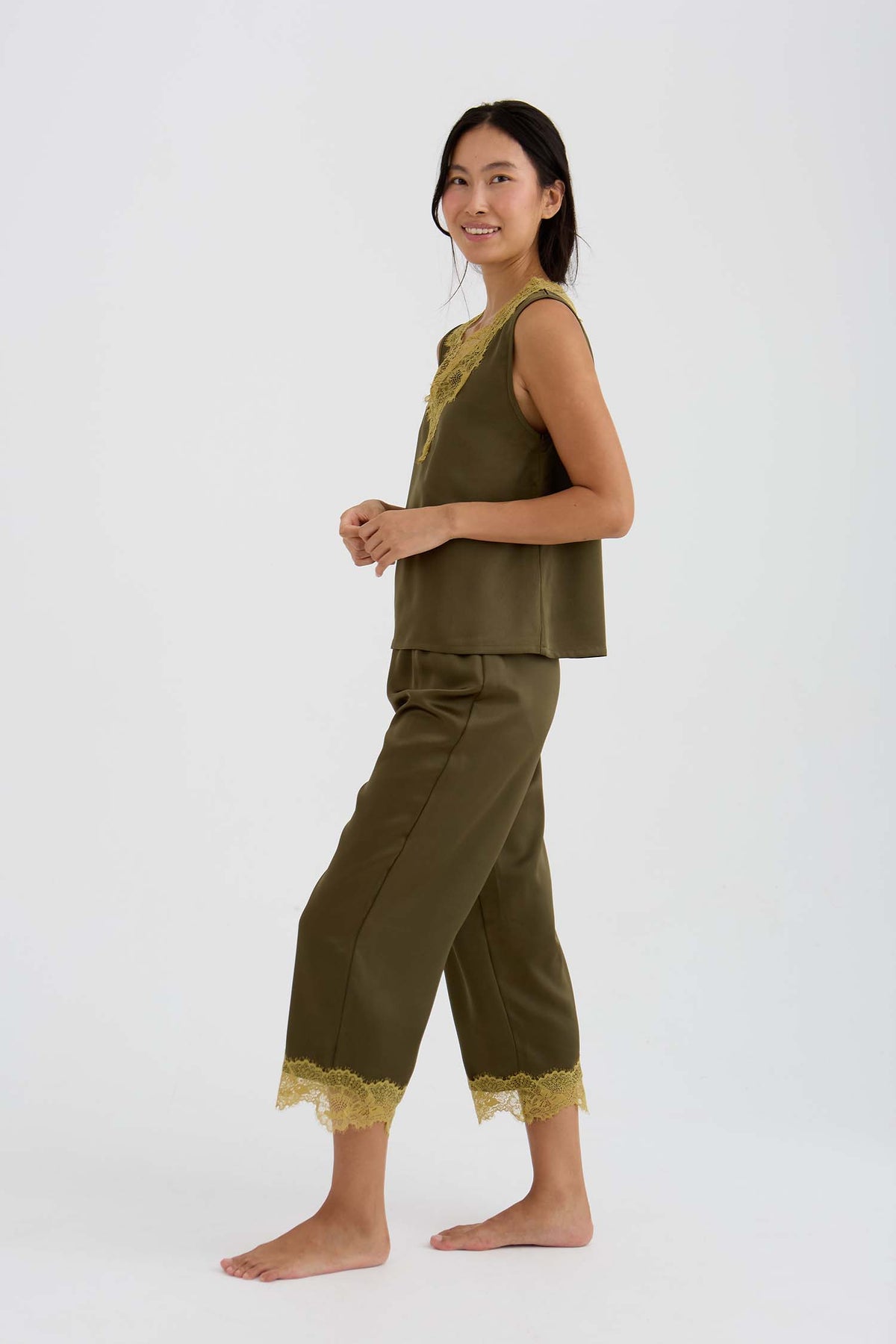 Eco Satin Lace Capri Trousers In Olive