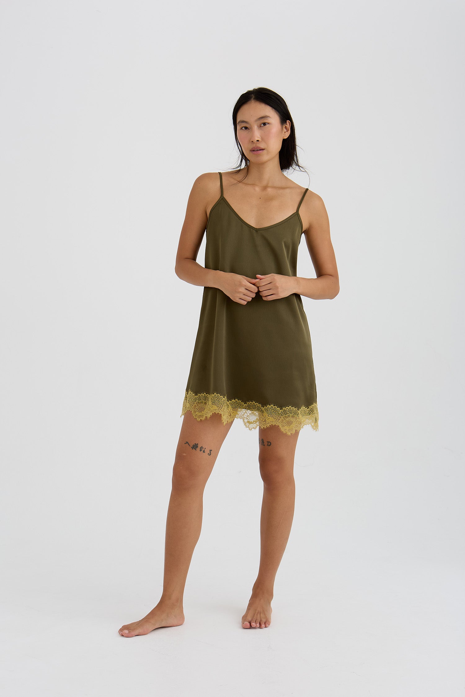 Eco Satin Lace Chemise Nightdress In Olive