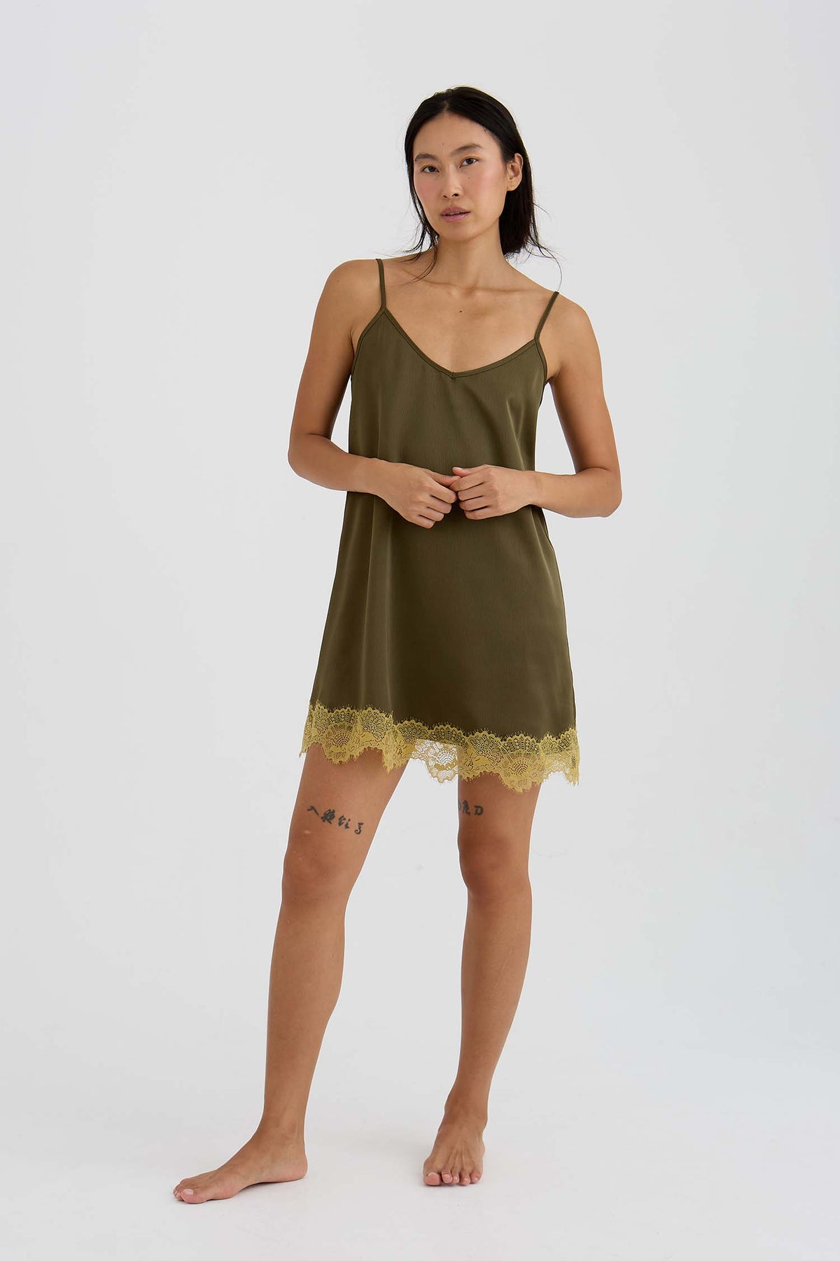 Eco Satin Lace Chemise Nightdress In Olive