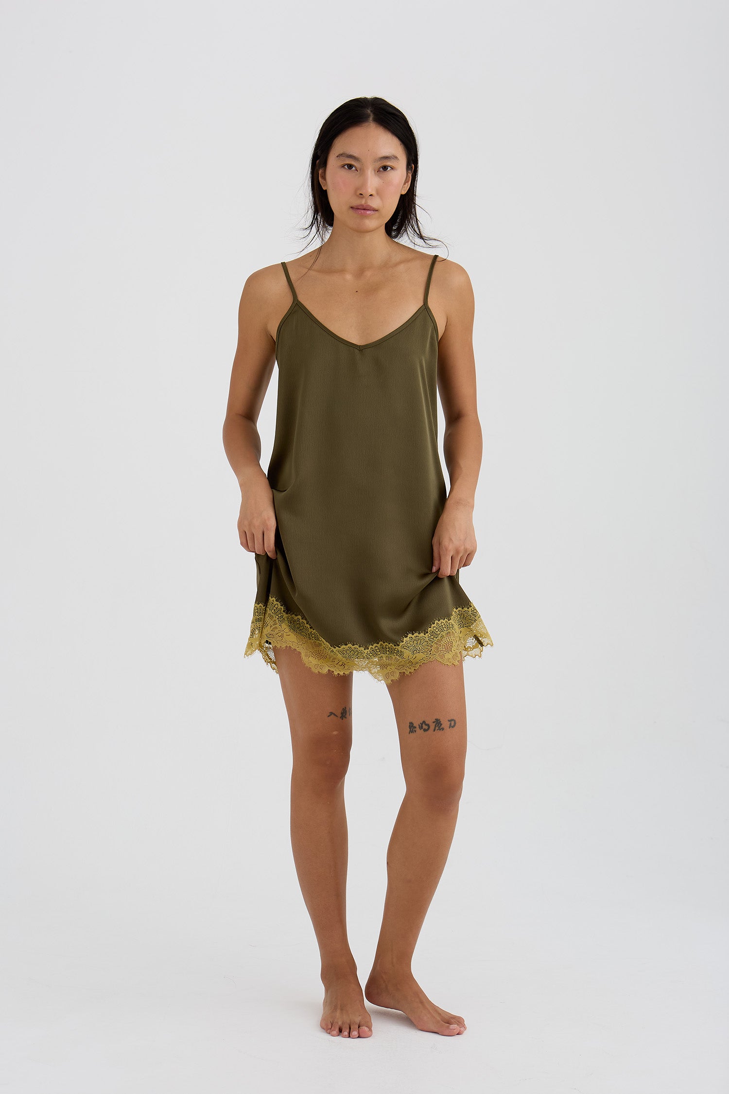 Eco Satin Lace Chemise Nightdress In Olive