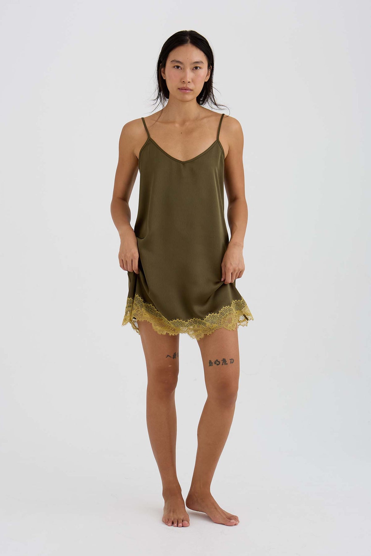 Eco Satin Lace Chemise Nightdress In Olive