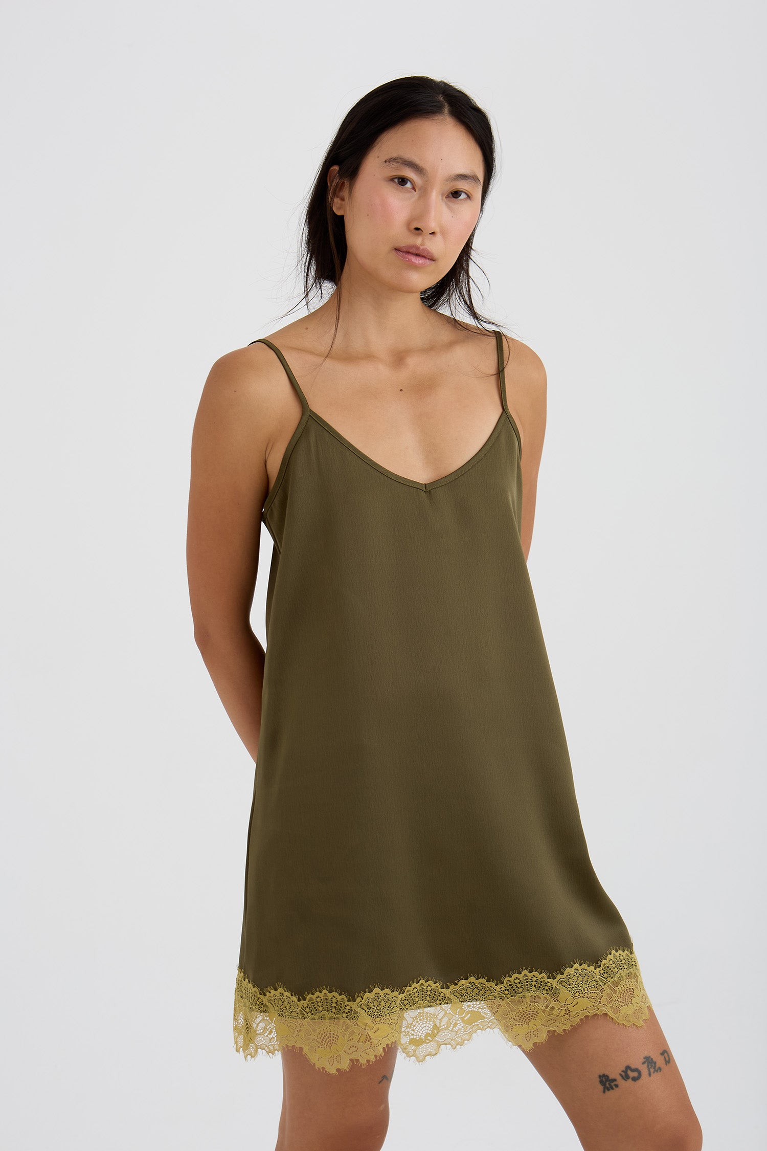 Eco Satin Lace Chemise Nightdress In Olive
