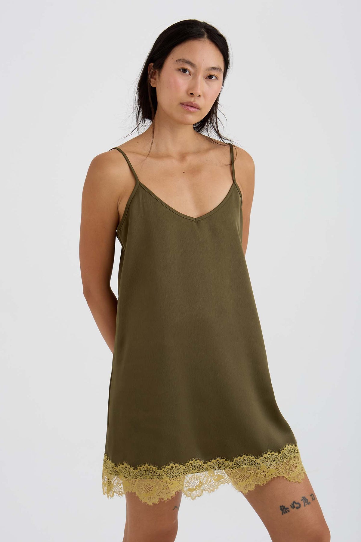 Eco Satin Lace Chemise Nightdress In Olive