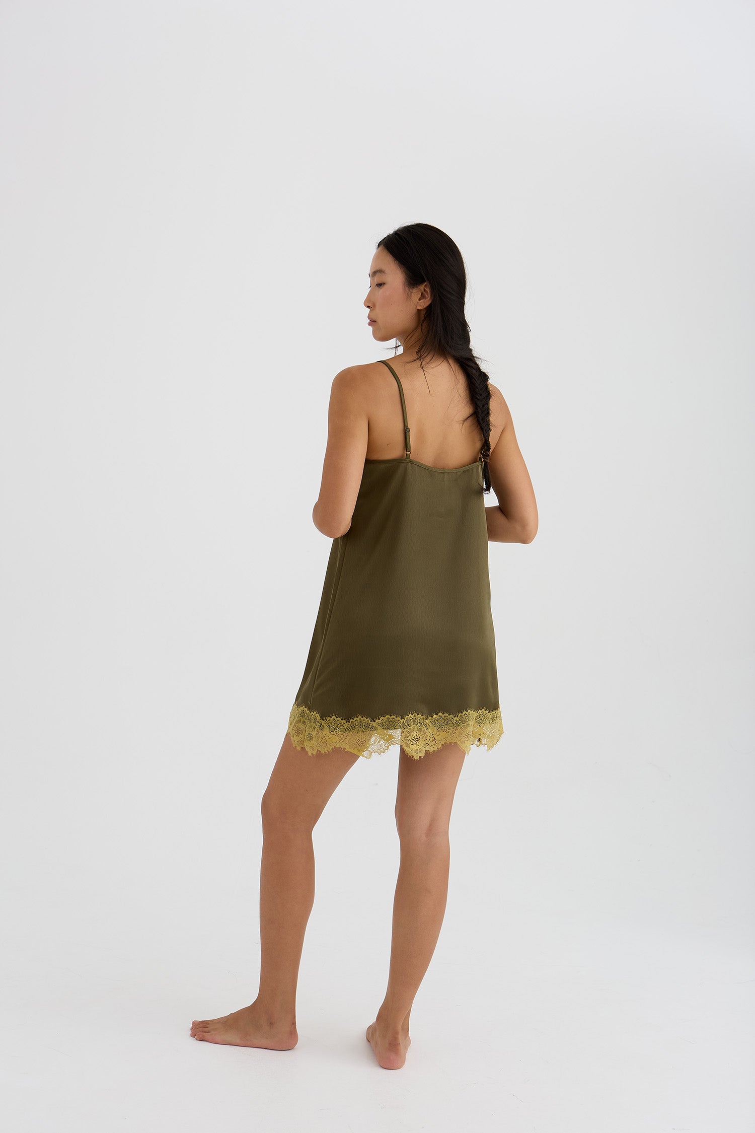 Eco Satin Lace Chemise Nightdress In Olive