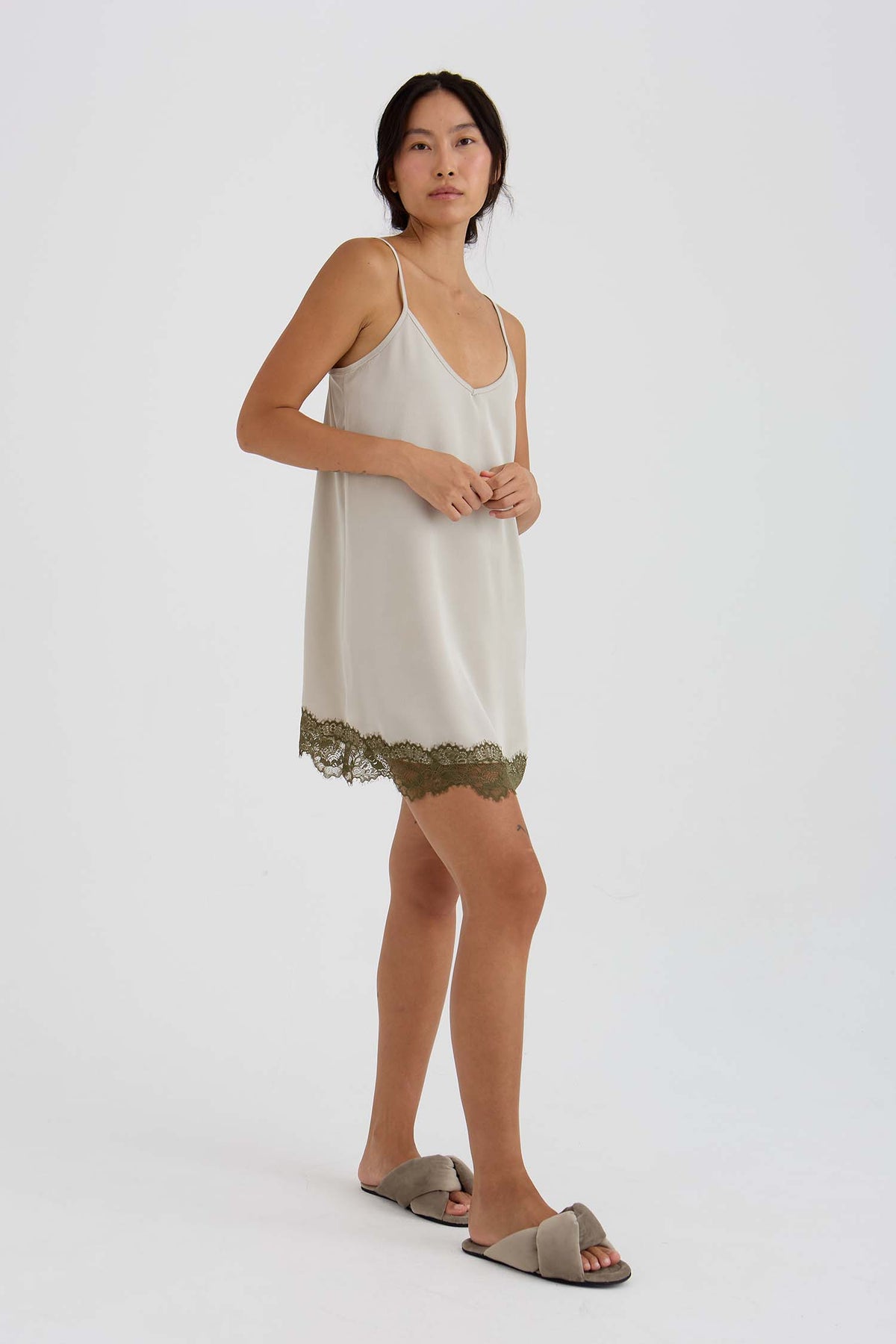 Eco Satin Lace Chemise Nightdress In Pelican