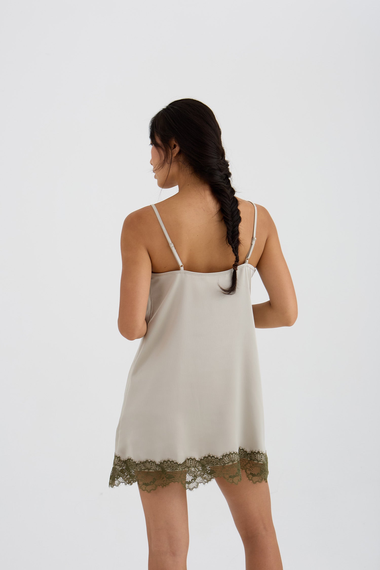 Eco Satin Lace Chemise Nightdress In Pelican