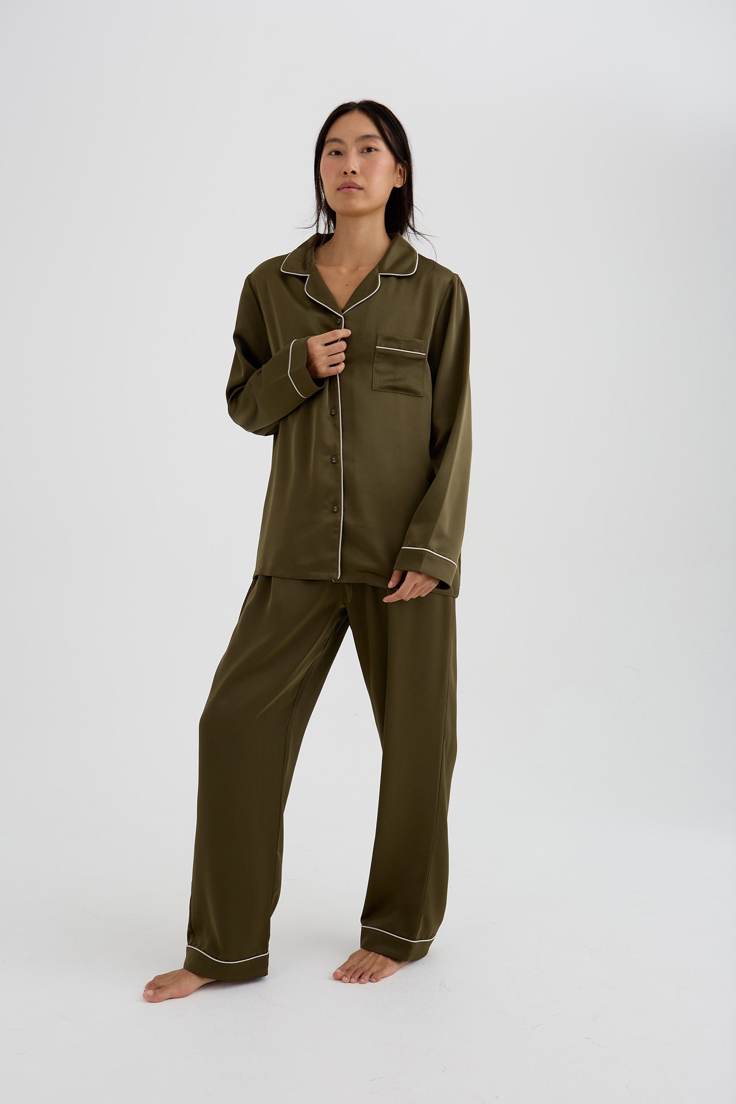 Eco Satin Long Pyjama Set In Olive