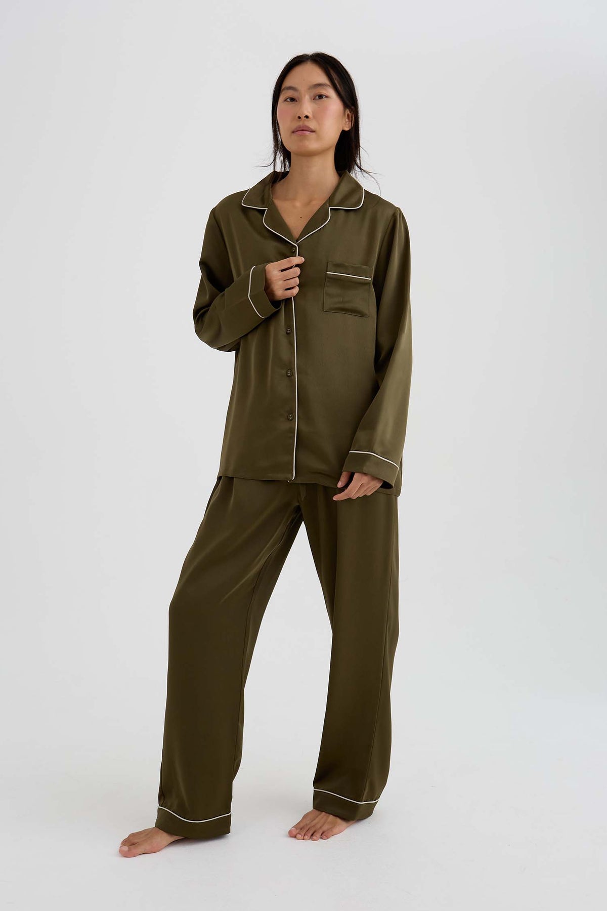 Eco Satin Long Pyjama Set In Olive