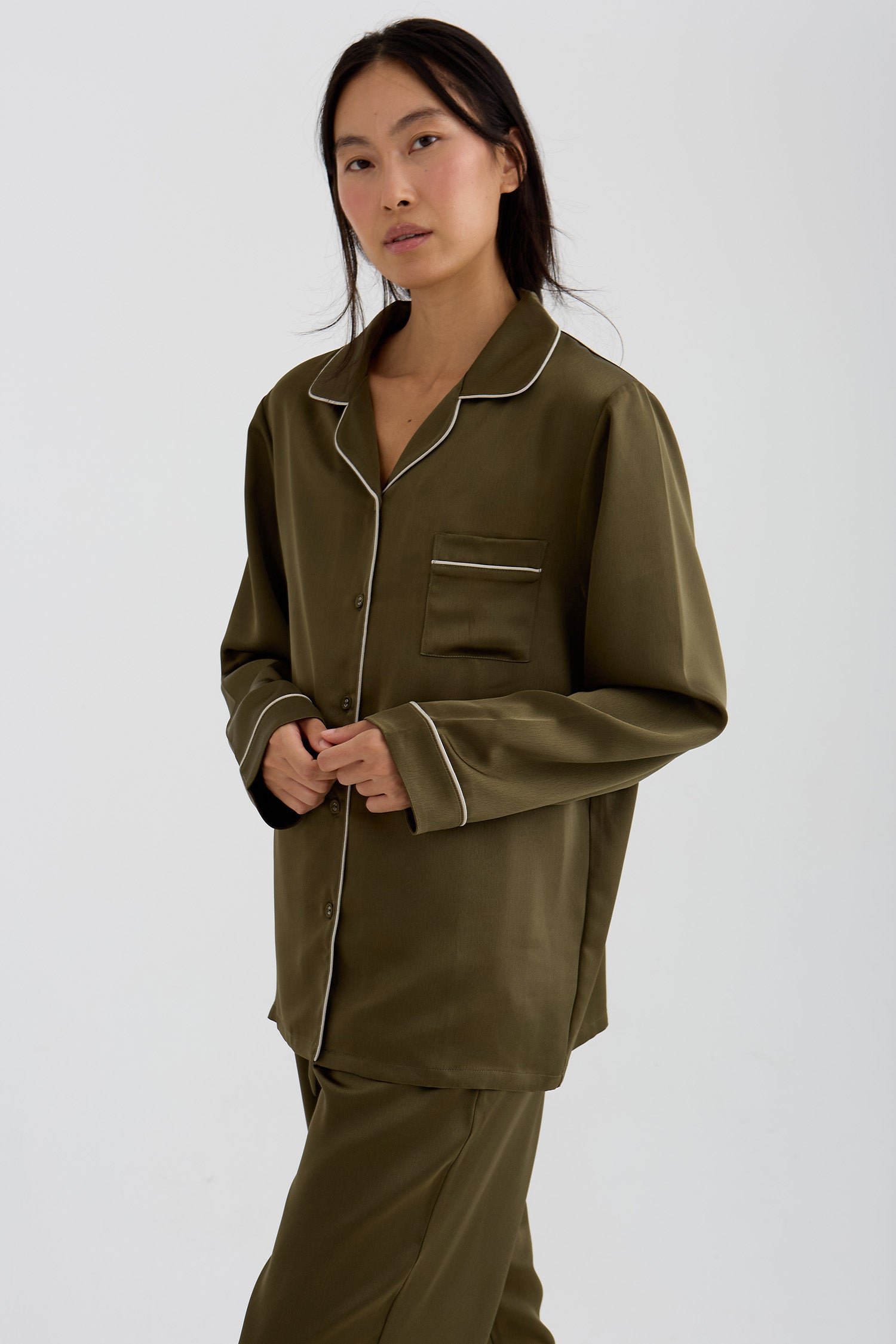 Eco Satin Long Pyjama Set In Olive