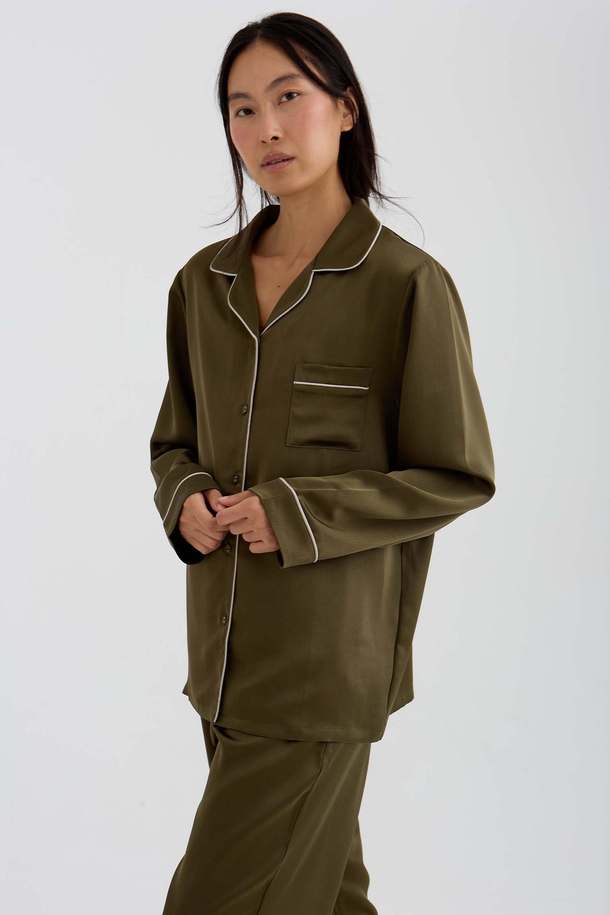 Eco Satin Long Pyjama Set In Olive