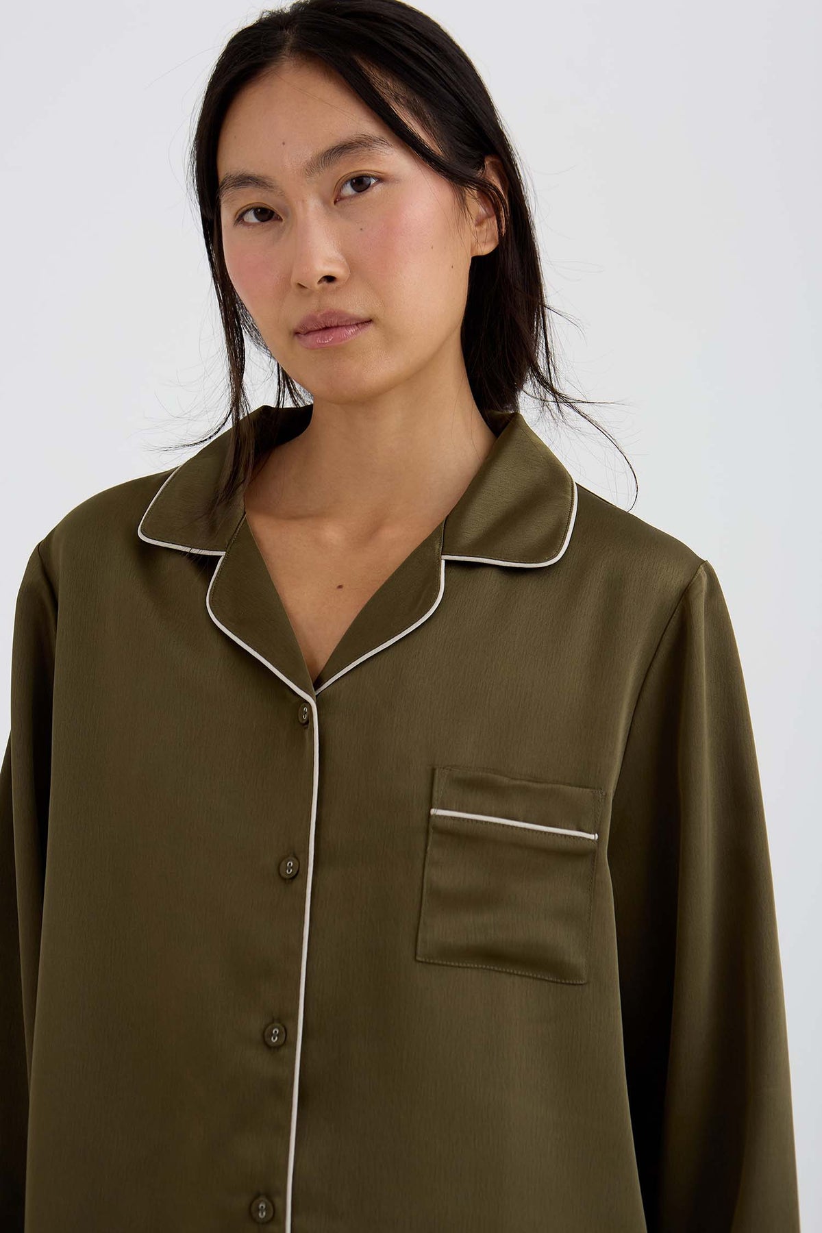 Eco Satin Long Pyjama Set In Olive