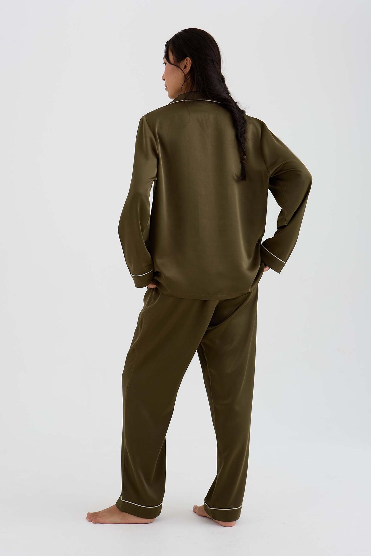Eco Satin Long Pyjama Set In Olive