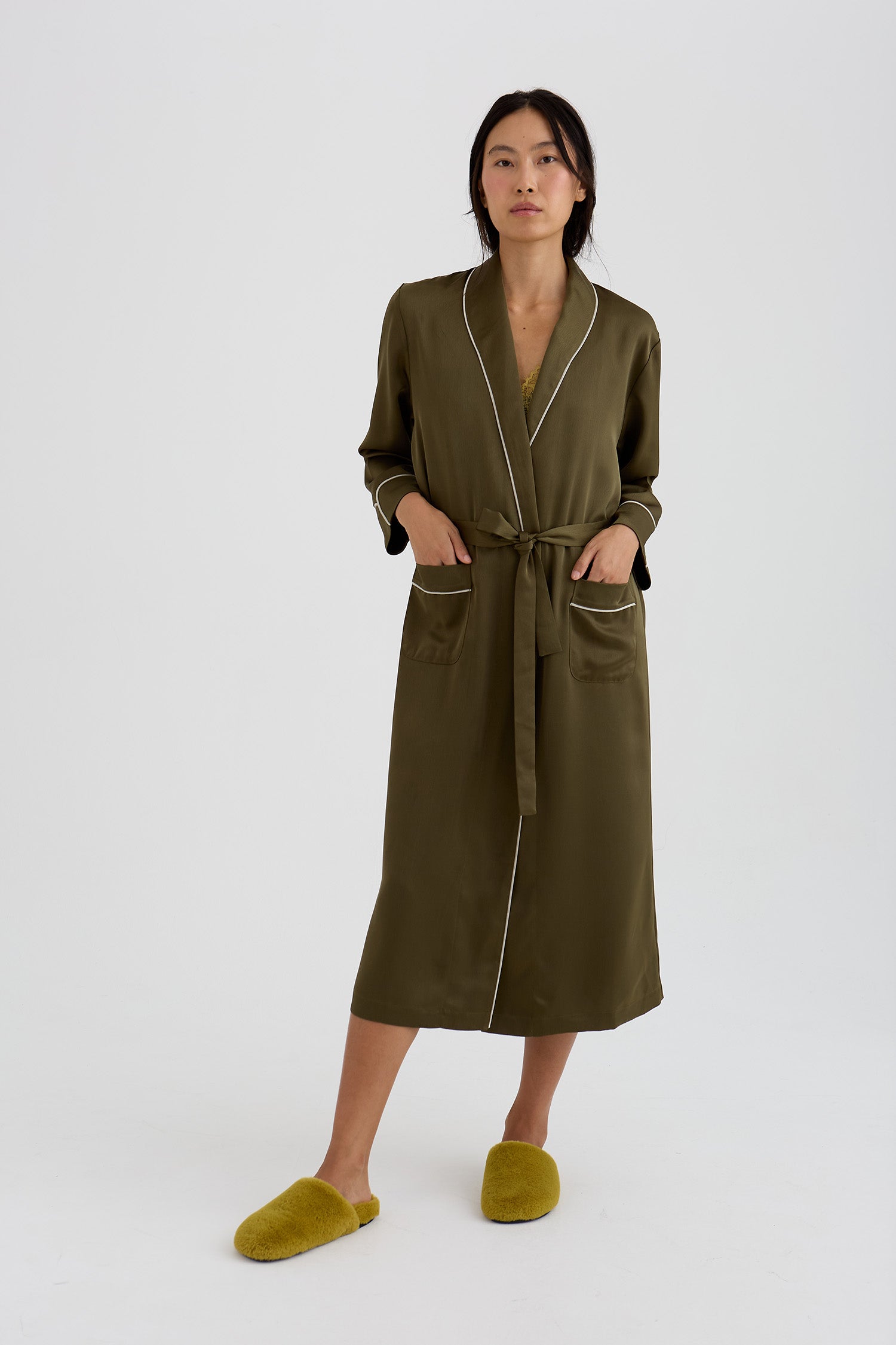Eco Satin Robe In Olive