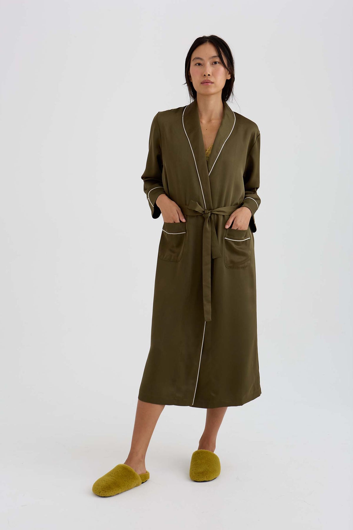 Eco Satin Robe In Olive