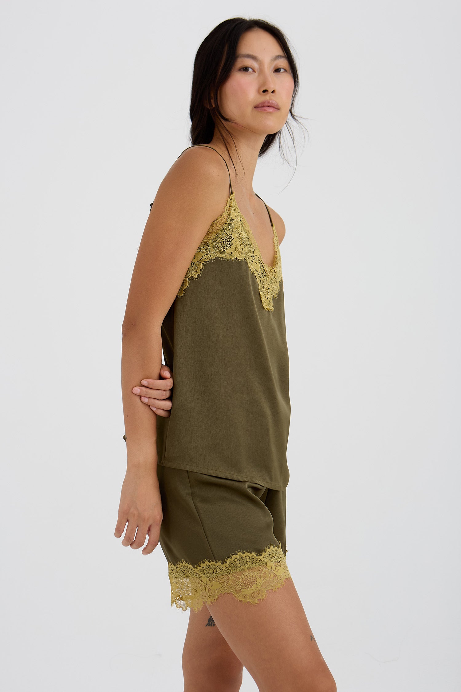 Eco Satin Lace Shorts In Olive