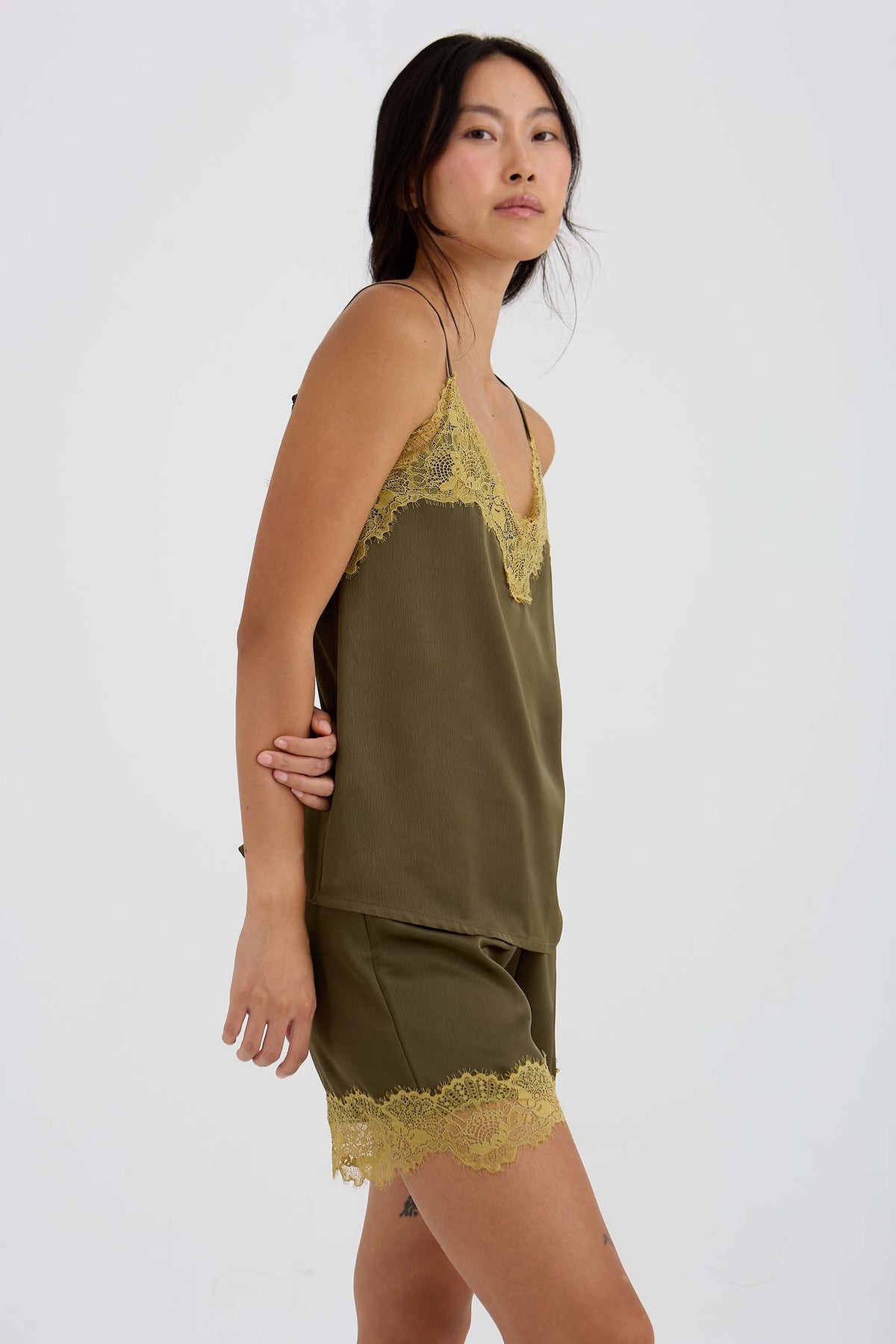 Eco Satin Lace Shorts In Olive