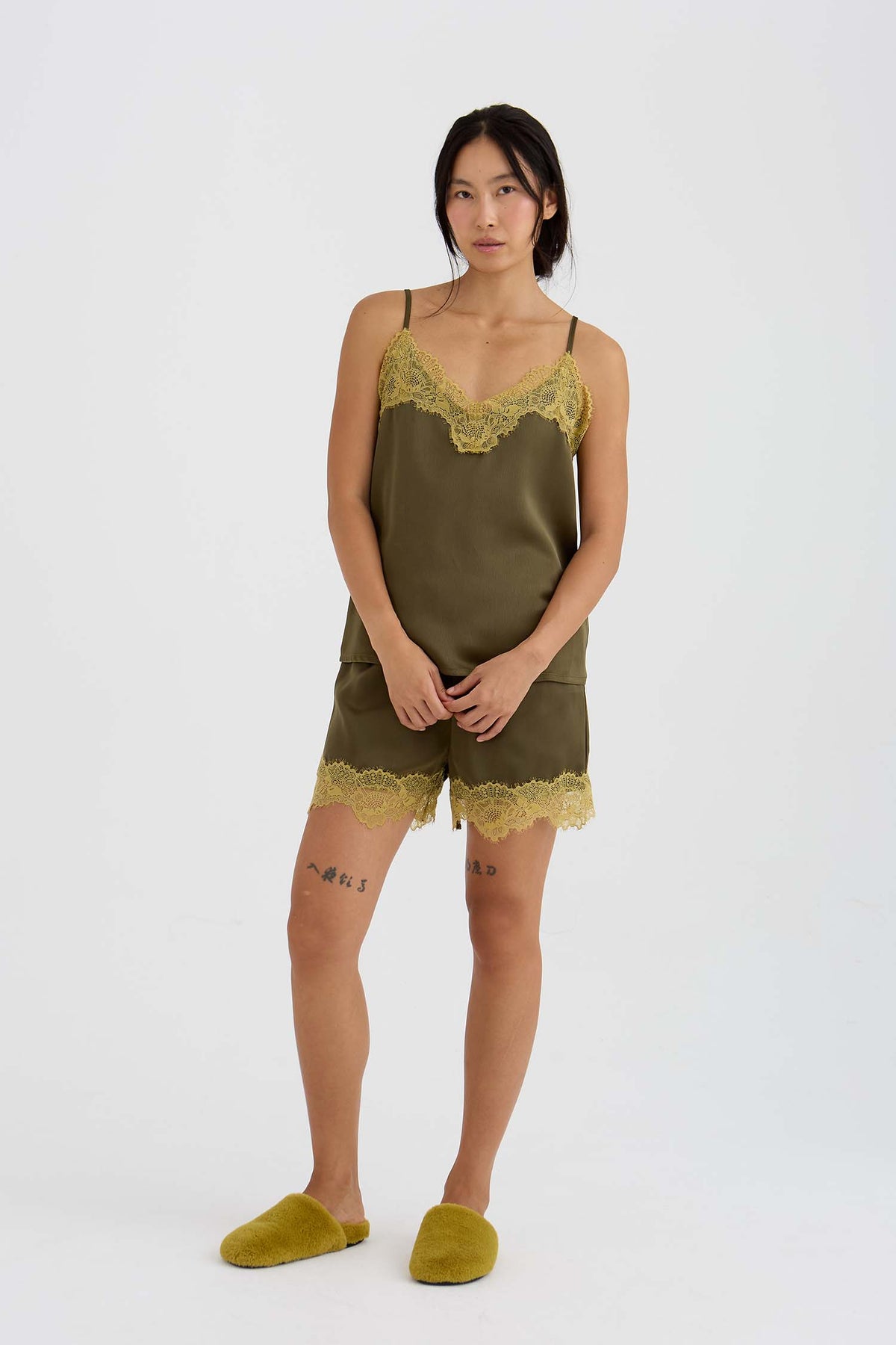Eco Satin Lace Shorts In Olive